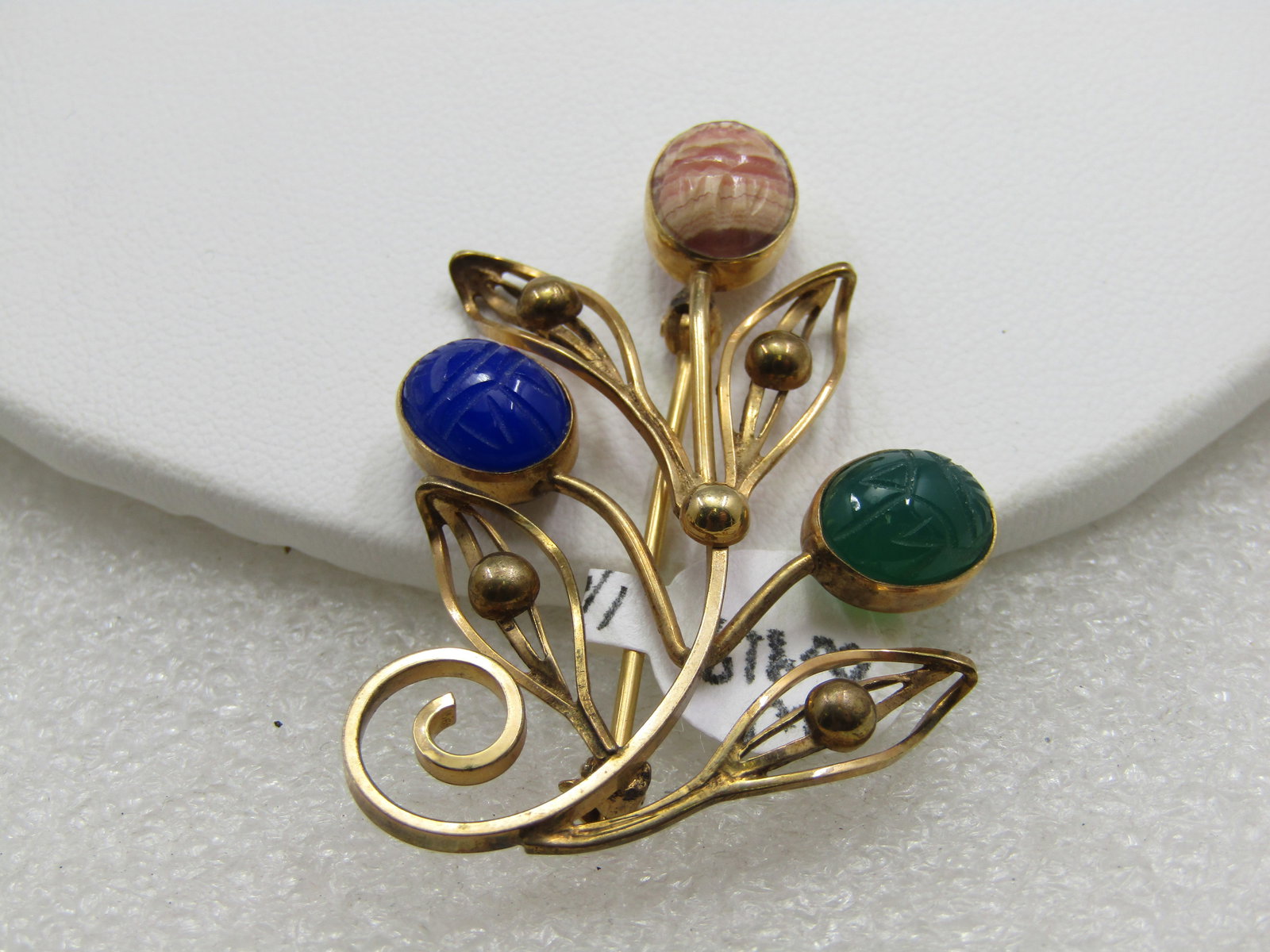 Vintage 12kt G.F. Scarab Brooch, Floral Design, 1960's: Vintage 12kt G.F. Scarab Brooch, Floral Design, 1960's sign CC on back and marked 1/10 12kt G.F This is a 2" tall curved stem floral design with three scarab blossoms, a blue agate, green, agate, and