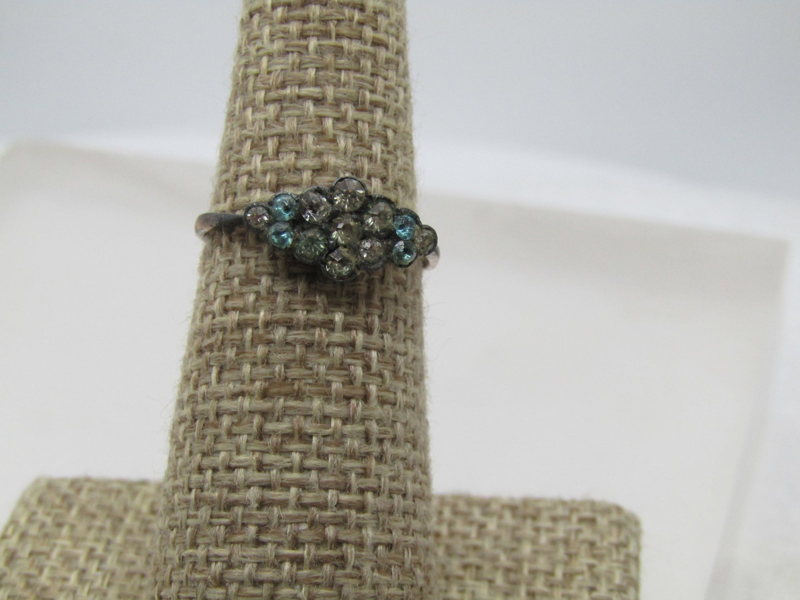 Vintage 10kt GF Aqua & Clear Stone Ring, Sz. 6.75, 1920's-1930's: Vintage 10kt GF Aqua & Clear Stone Ring, Sz. 6.75, 1920's-1930's. The ring is signed with a 9 CI & SI mark. Unknown maker. It has a blossom of clear rhinestones in the center and aqua on each side