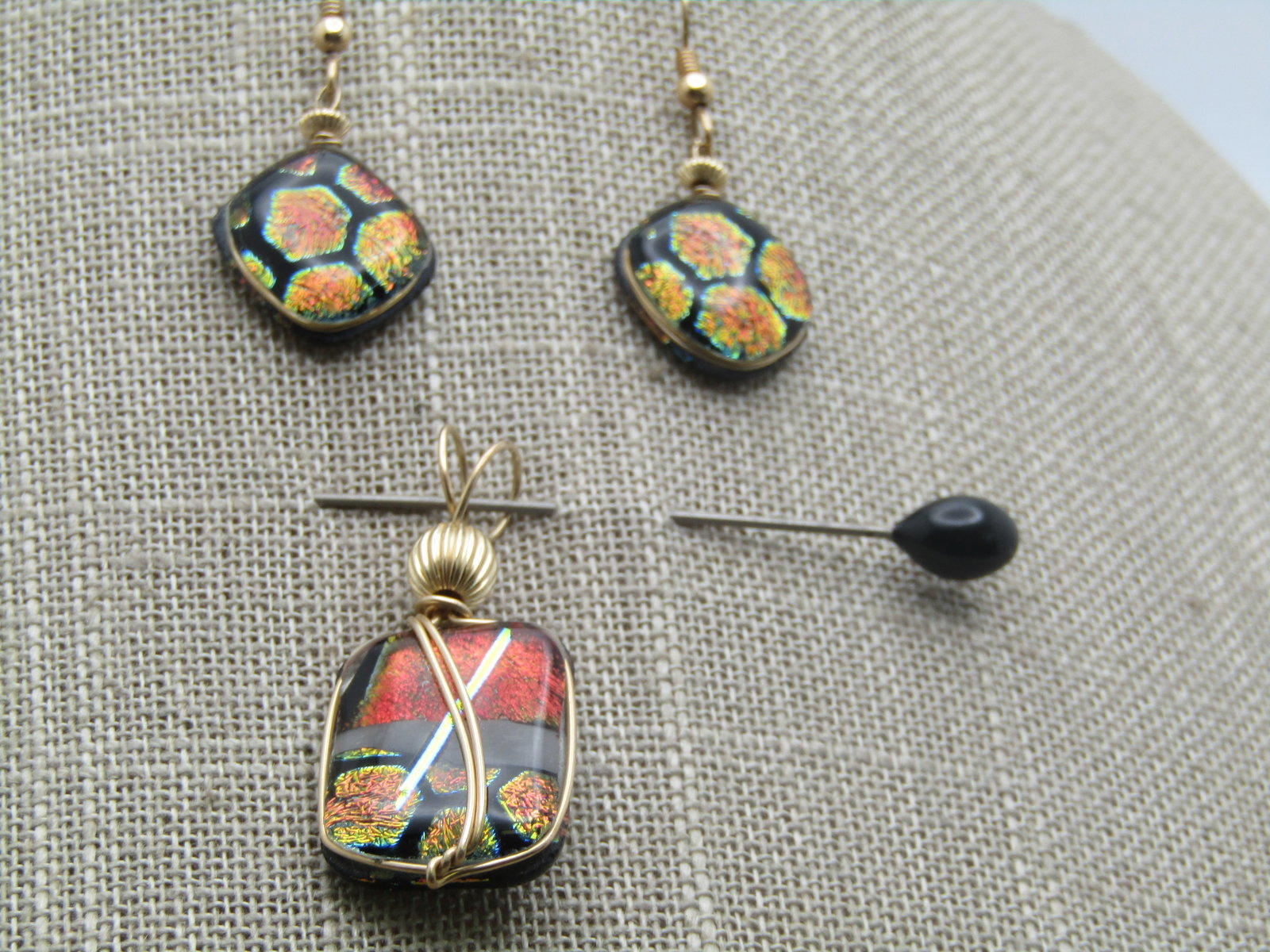 10kt G.F. Black Dichroic Multi-Color Glass Necklace and Earrings Set, Pierced, 24-26". ": 10kt G.F. Black Dichroic Multi-Color Glass Necklace and Earrings Set, Pierced, 24-26". The earrings have a black bacground with firey oapl like shimmery designs in the stone in reds, golden yellow, pi