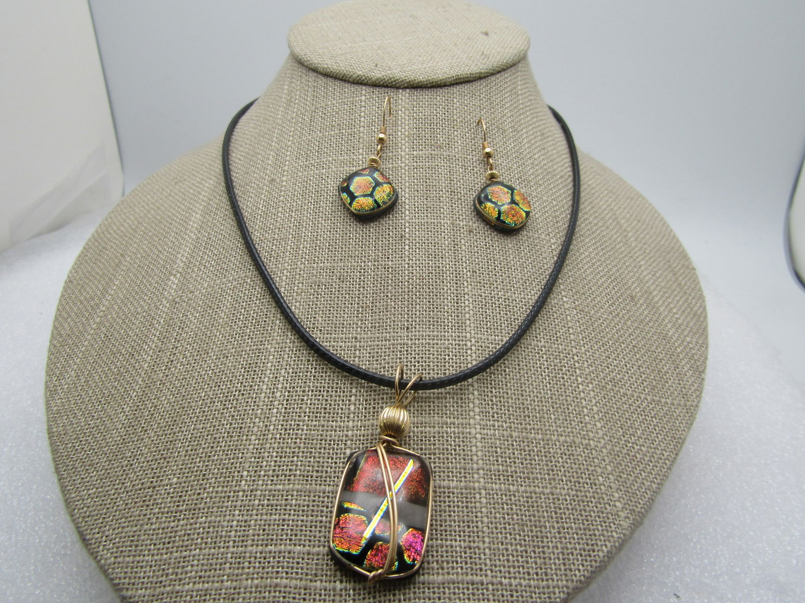 10kt G.F. Black Dichroic Multi-Color Glass Necklace and Earrings Set, Pierced, 24-26". " - 2
