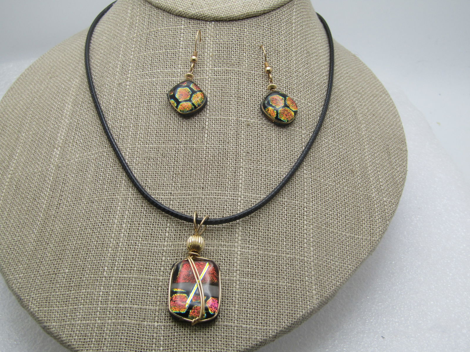 10kt G.F. Black Dichroic Multi-Color Glass Necklace and Earrings Set, Pierced, 24-26". " - 3