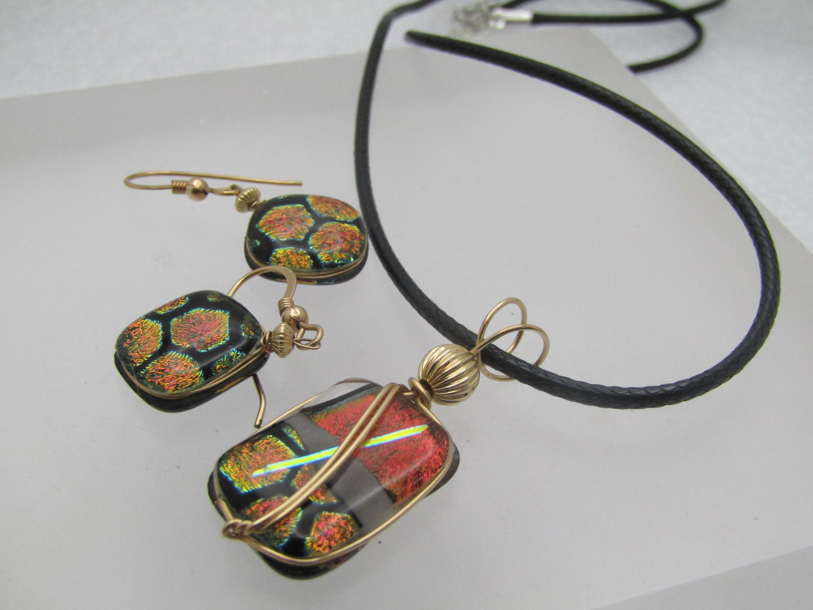 10kt G.F. Black Dichroic Multi-Color Glass Necklace and Earrings Set, Pierced, 24-26". " - 8