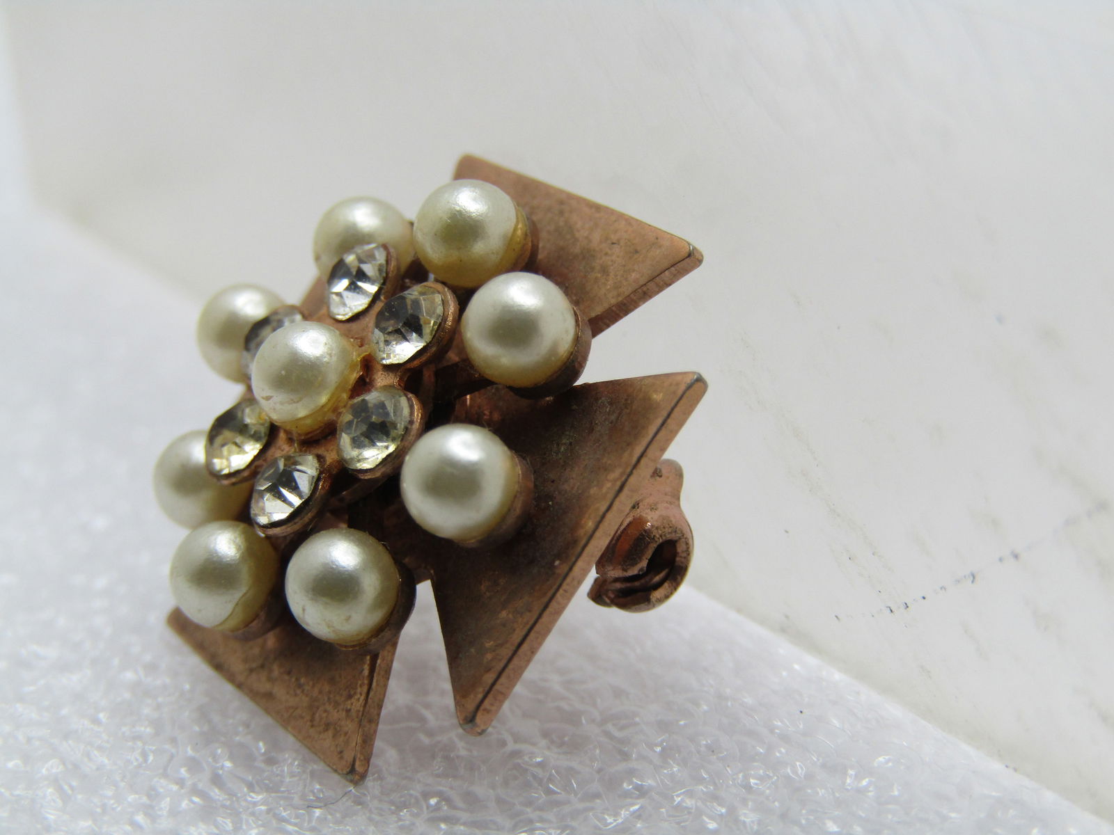 Vintage Faux Pearl & Rhinestone Maltese Cross Brooch, 10kt G.F., 1950's-1960's - 2