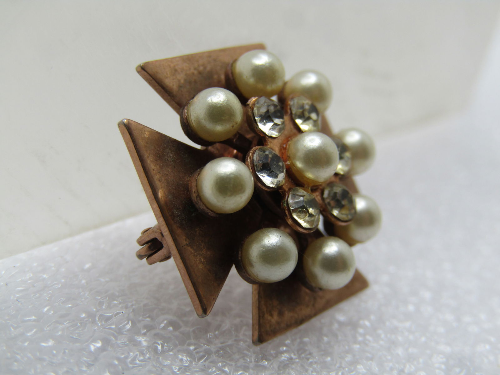Vintage Faux Pearl & Rhinestone Maltese Cross Brooch, 10kt G.F., 1950's-1960's - 3
