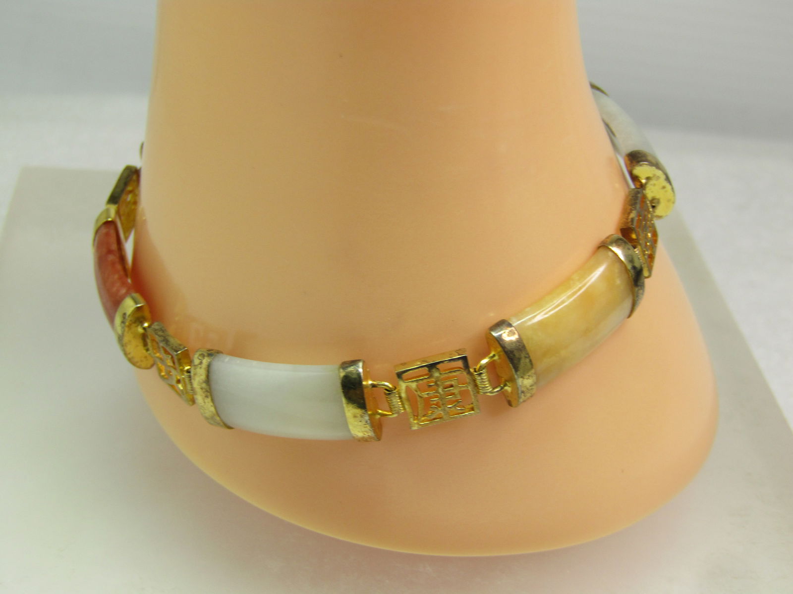 Vintage Sterling Vermeil Chinese Jade Link Bracelet, 7.5", 1980's, Signed - 3