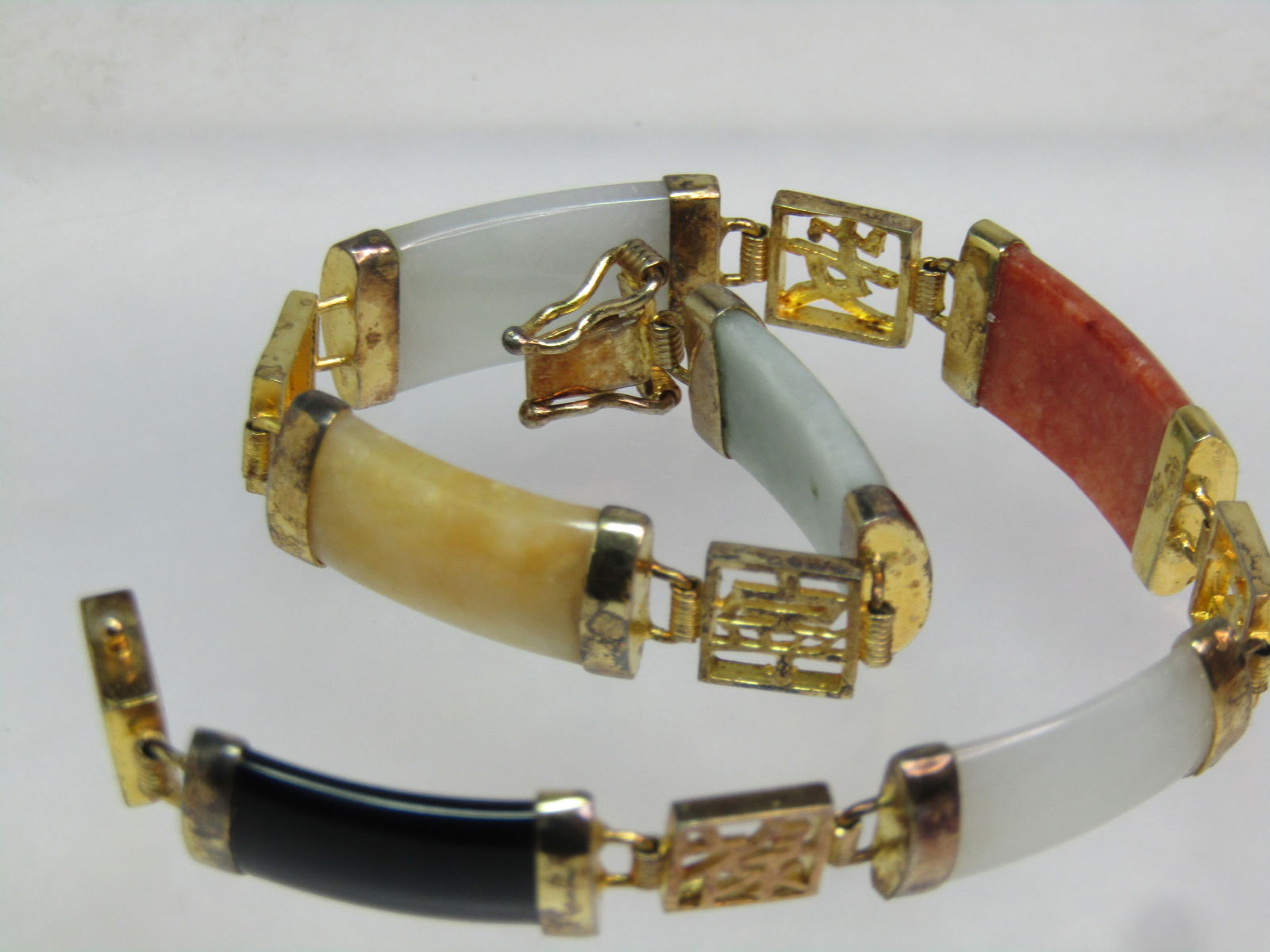 Vintage Sterling Vermeil Chinese Jade Link Bracelet, 7.5", 1980's, Signed - 4