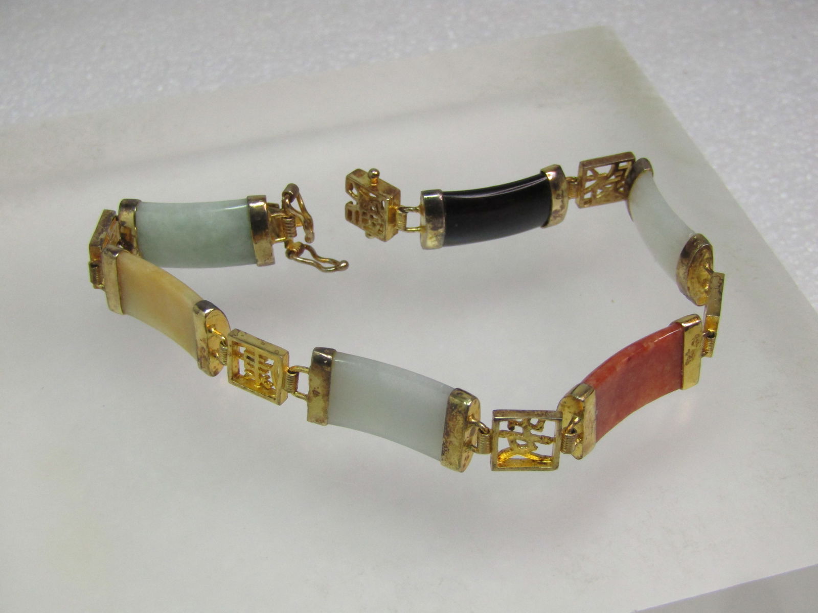 Vintage Sterling Vermeil Chinese Jade Link Bracelet, 7.5", 1980's, Signed - 6