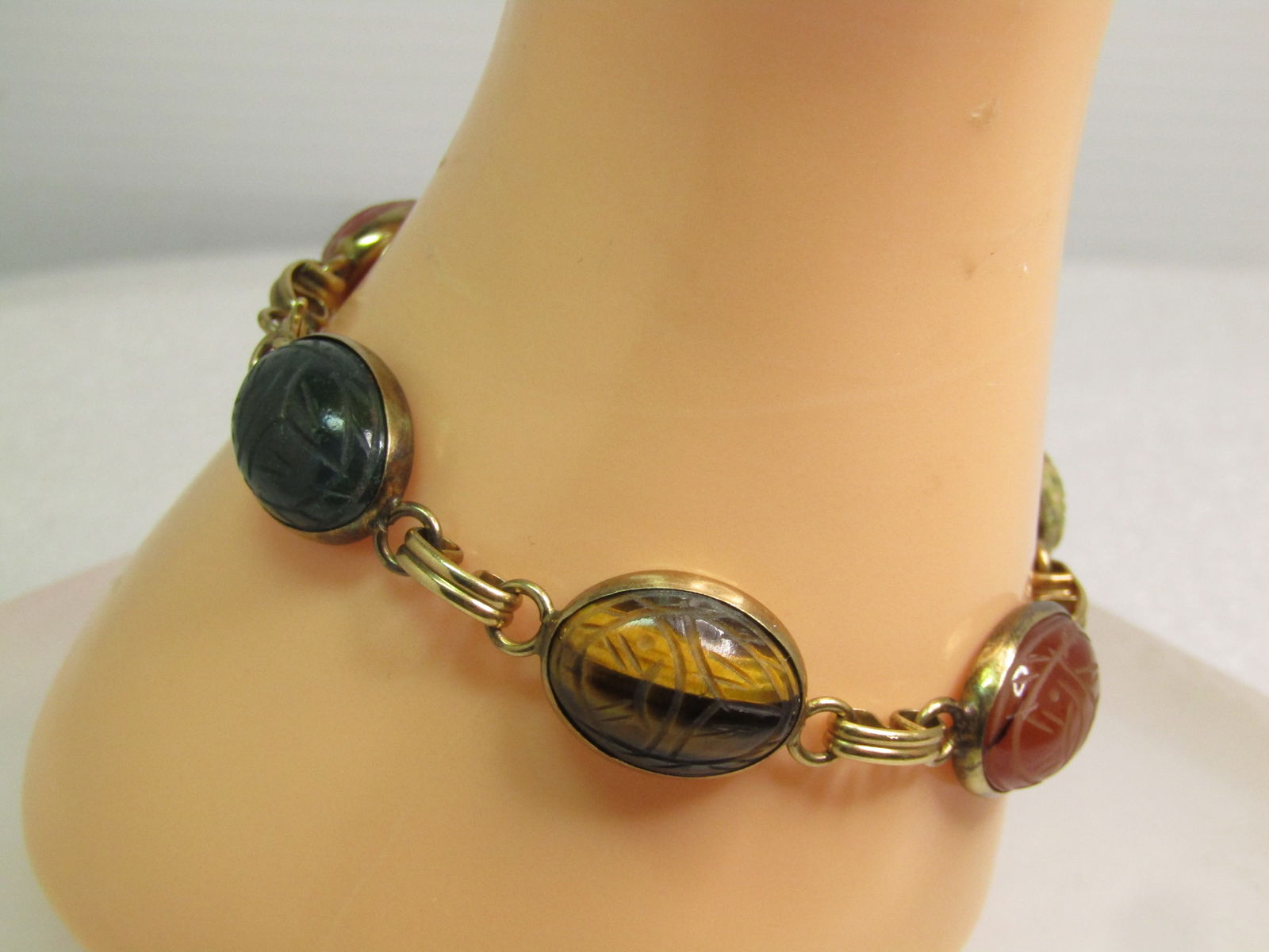 Vintage Egyptian Scarab GF Bracelet, 7.5", Unakite, Carnelian, Tiger's Eye, More, 1960's - 2