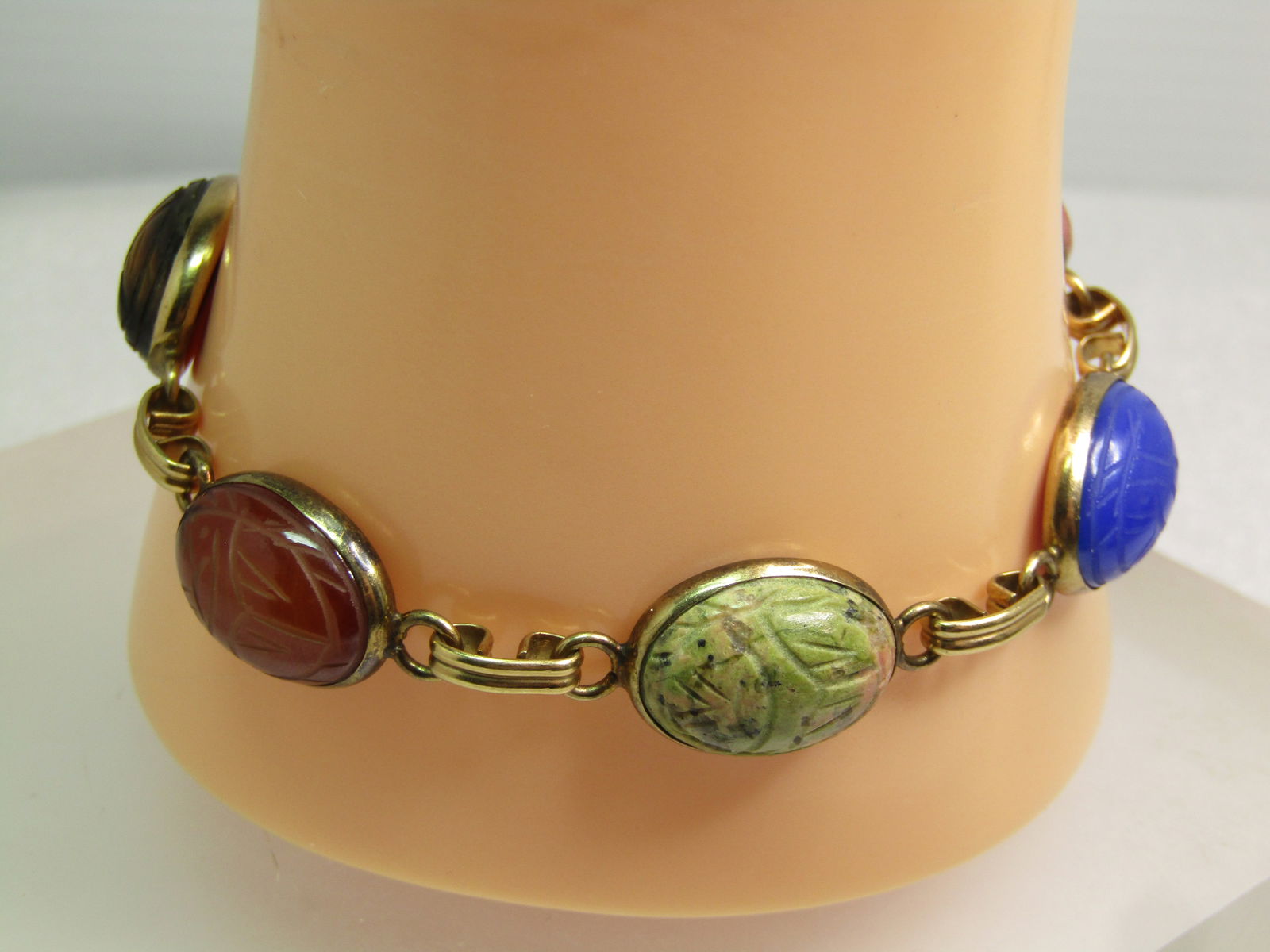 Vintage Egyptian Scarab GF Bracelet, 7.5", Unakite, Carnelian, Tiger's Eye, More, 1960's - 3