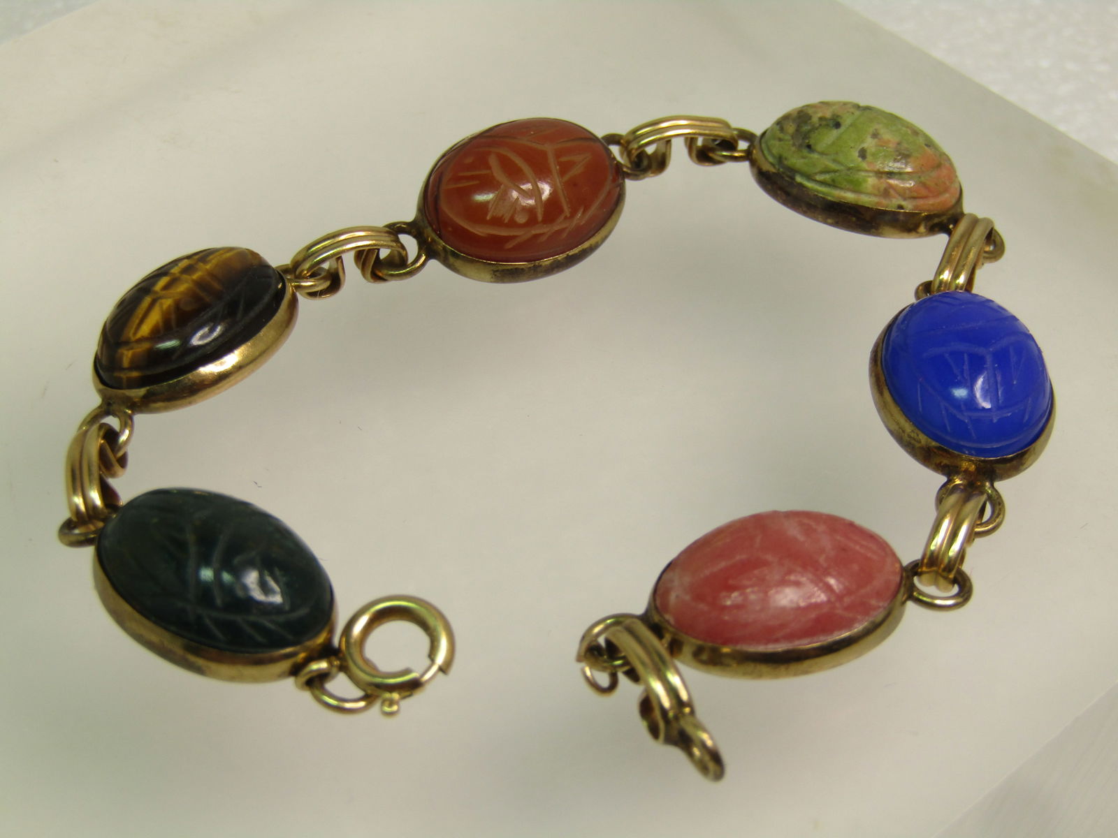 Vintage Egyptian Scarab GF Bracelet, 7.5", Unakite, Carnelian, Tiger's Eye, More, 1960's - 5