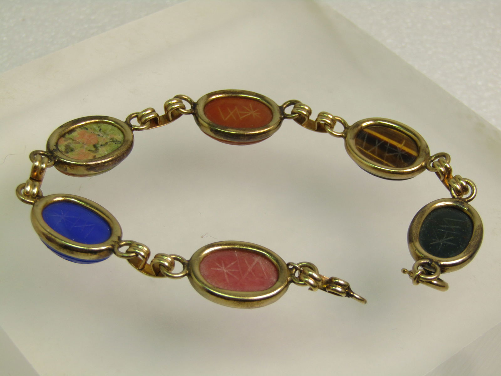 Vintage Egyptian Scarab GF Bracelet, 7.5", Unakite, Carnelian, Tiger's Eye, More, 1960's - 6