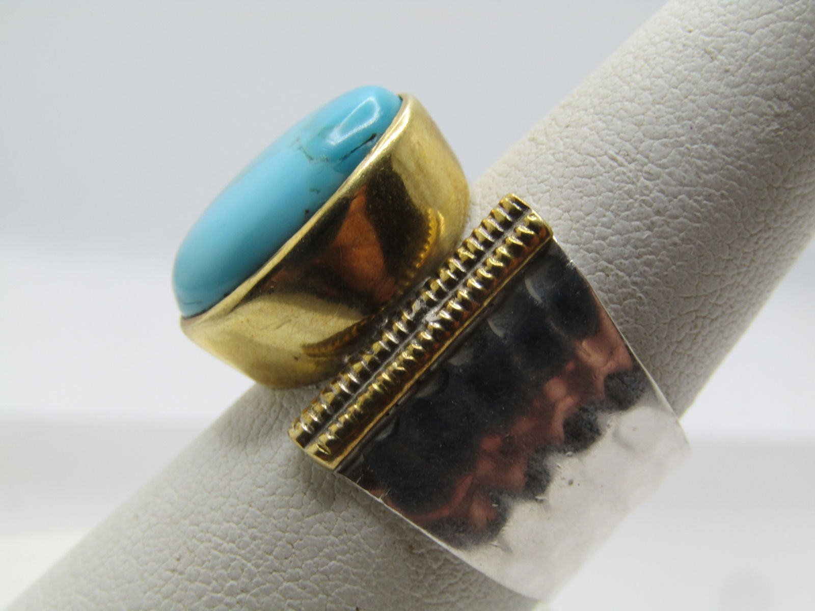 Sterling & 10KT GF Wide Turquoise Ring, Sz. 9, Modern, Signed - 2