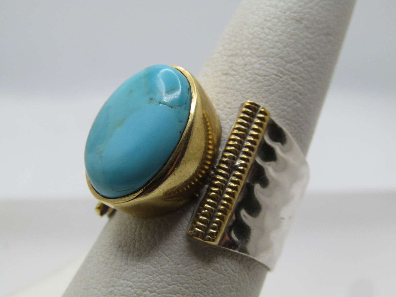 Sterling & 10KT GF Wide Turquoise Ring, Sz. 9, Modern, Signed - 3