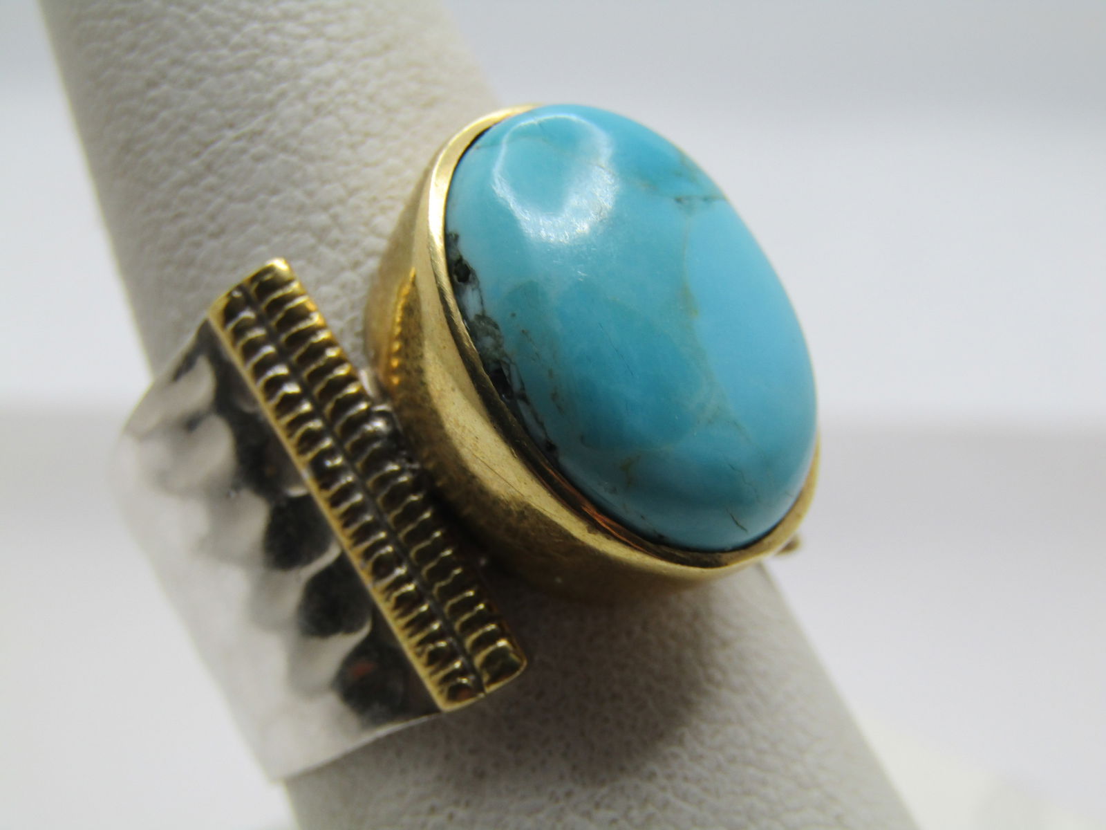 Sterling & 10KT GF Wide Turquoise Ring, Sz. 9, Modern, Signed - 5
