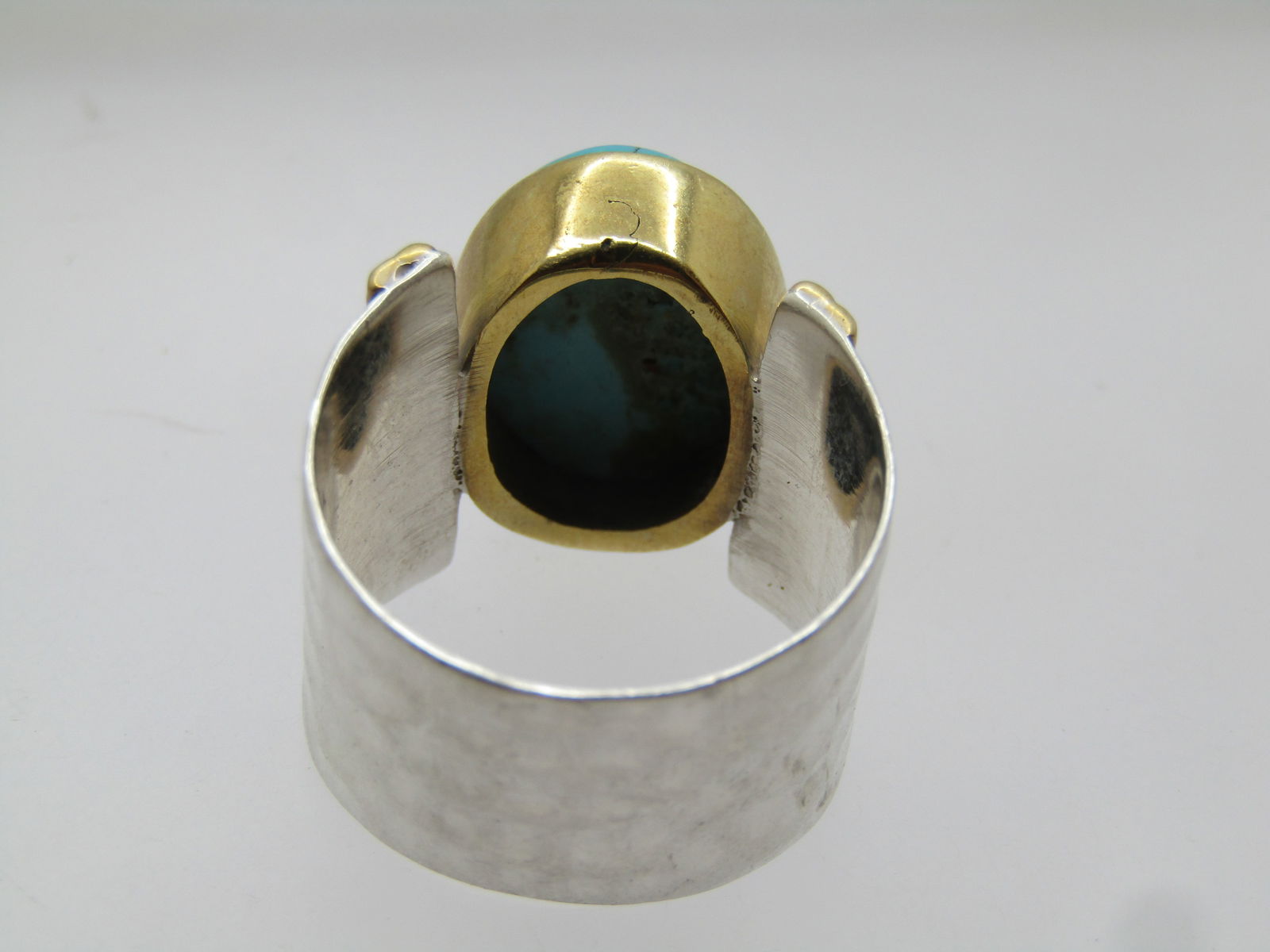 Sterling & 10KT GF Wide Turquoise Ring, Sz. 9, Modern, Signed - 6