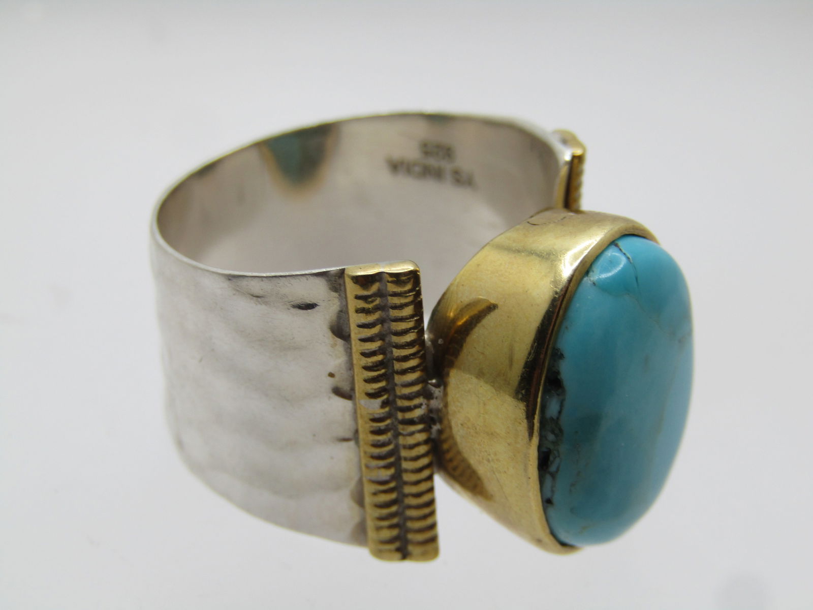 Sterling & 10KT GF Wide Turquoise Ring, Sz. 9, Modern, Signed - 7