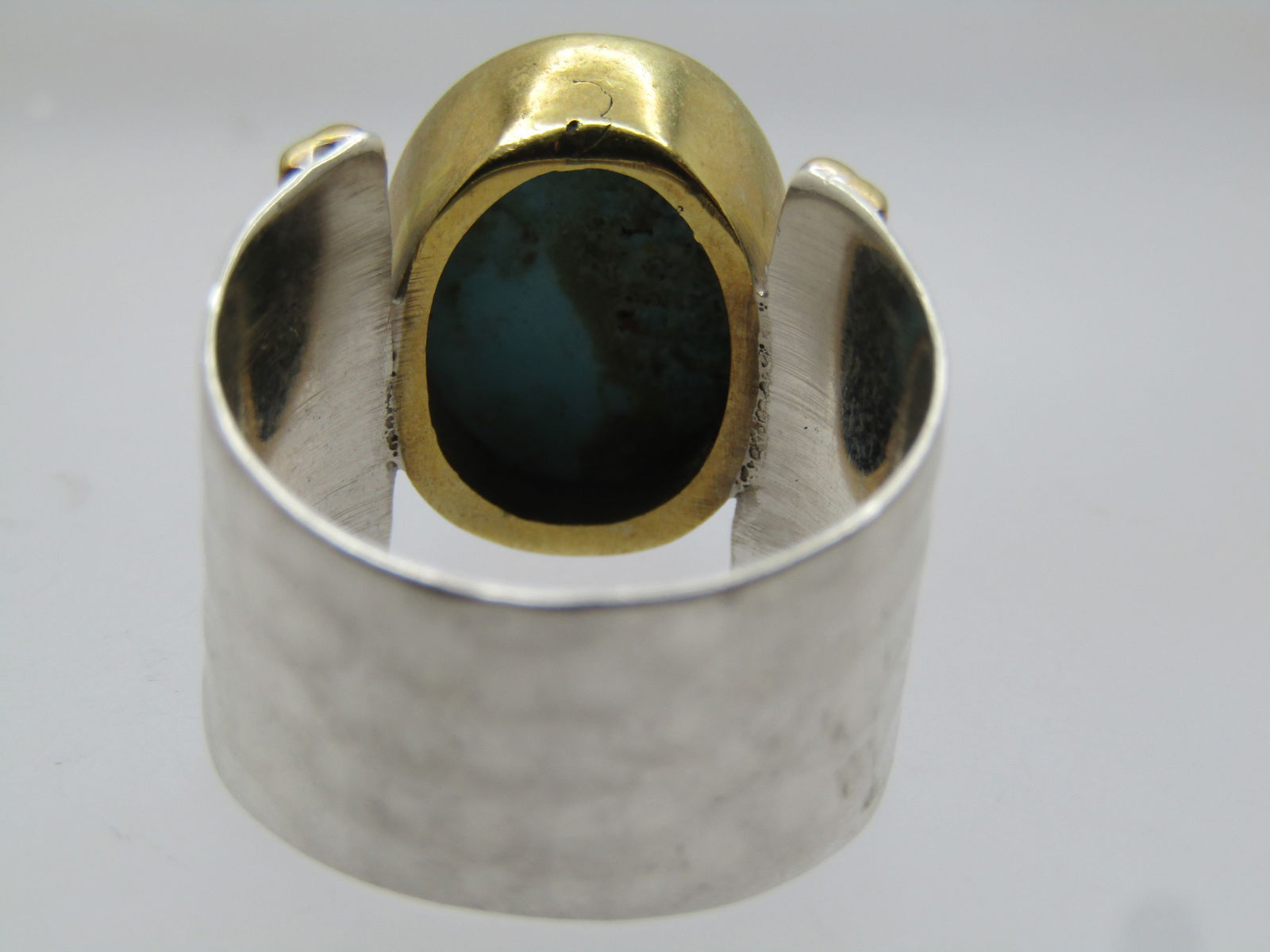 Sterling & 10KT GF Wide Turquoise Ring, Sz. 9, Modern, Signed - 9