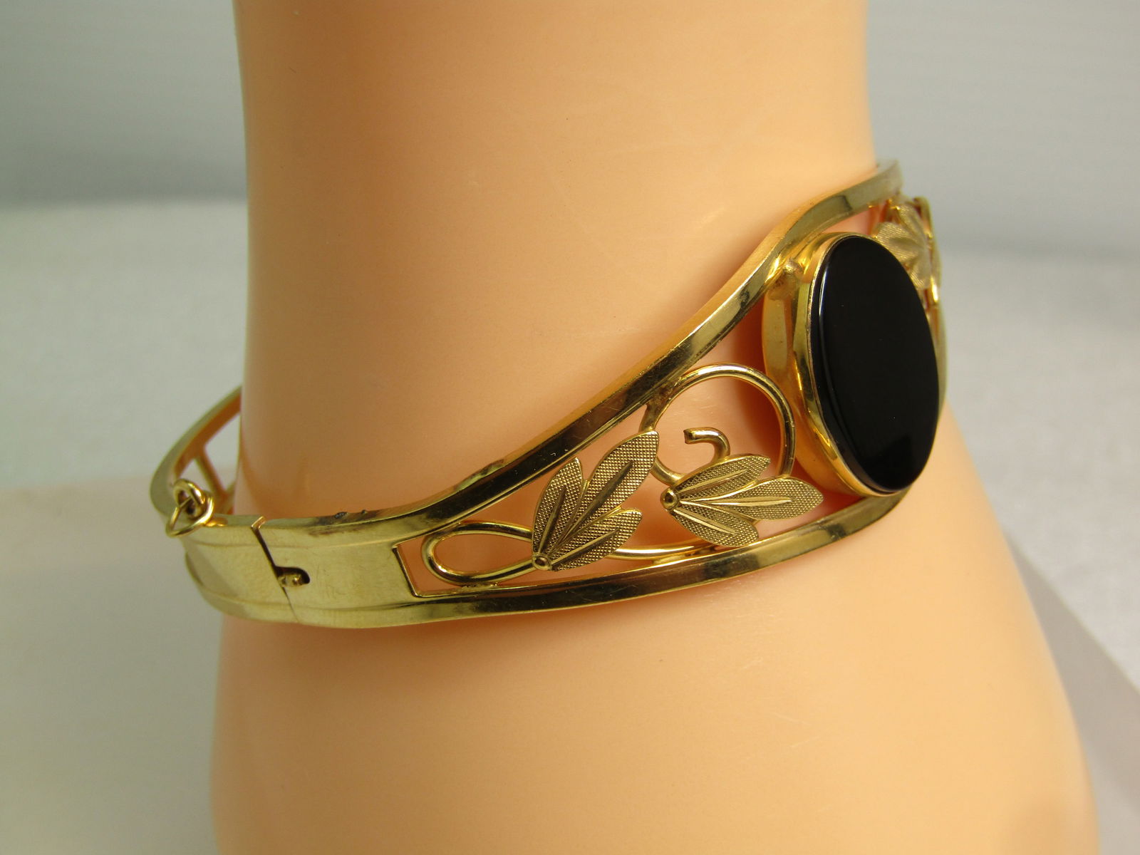 Vintage 12kt G.F. Onyx Hinged Clamper Bracelet, 6.5", 1970's, Signed Van Dell - 4