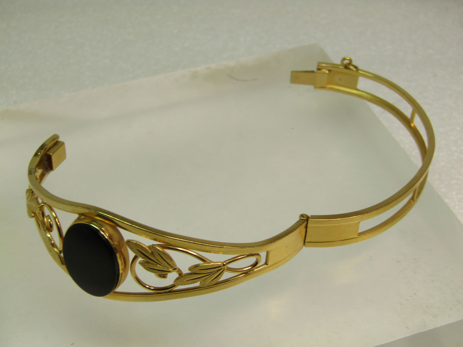 Vintage 12kt G.F. Onyx Hinged Clamper Bracelet, 6.5", 1970's, Signed Van Dell - 5