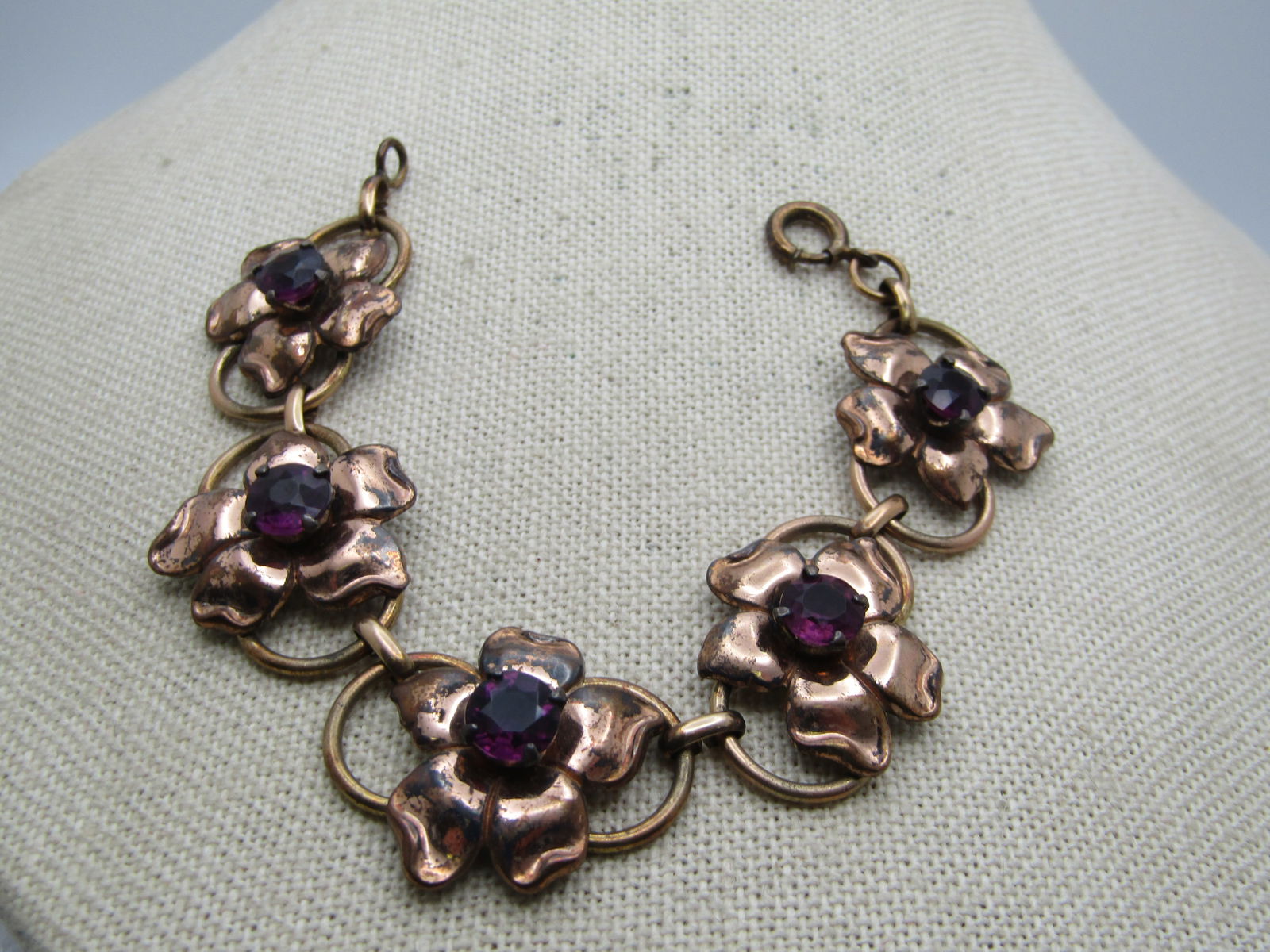 Vintage Sterling Vermeil Floral Link Bracelet, 6.75", 1940's, Purple Stones - 3