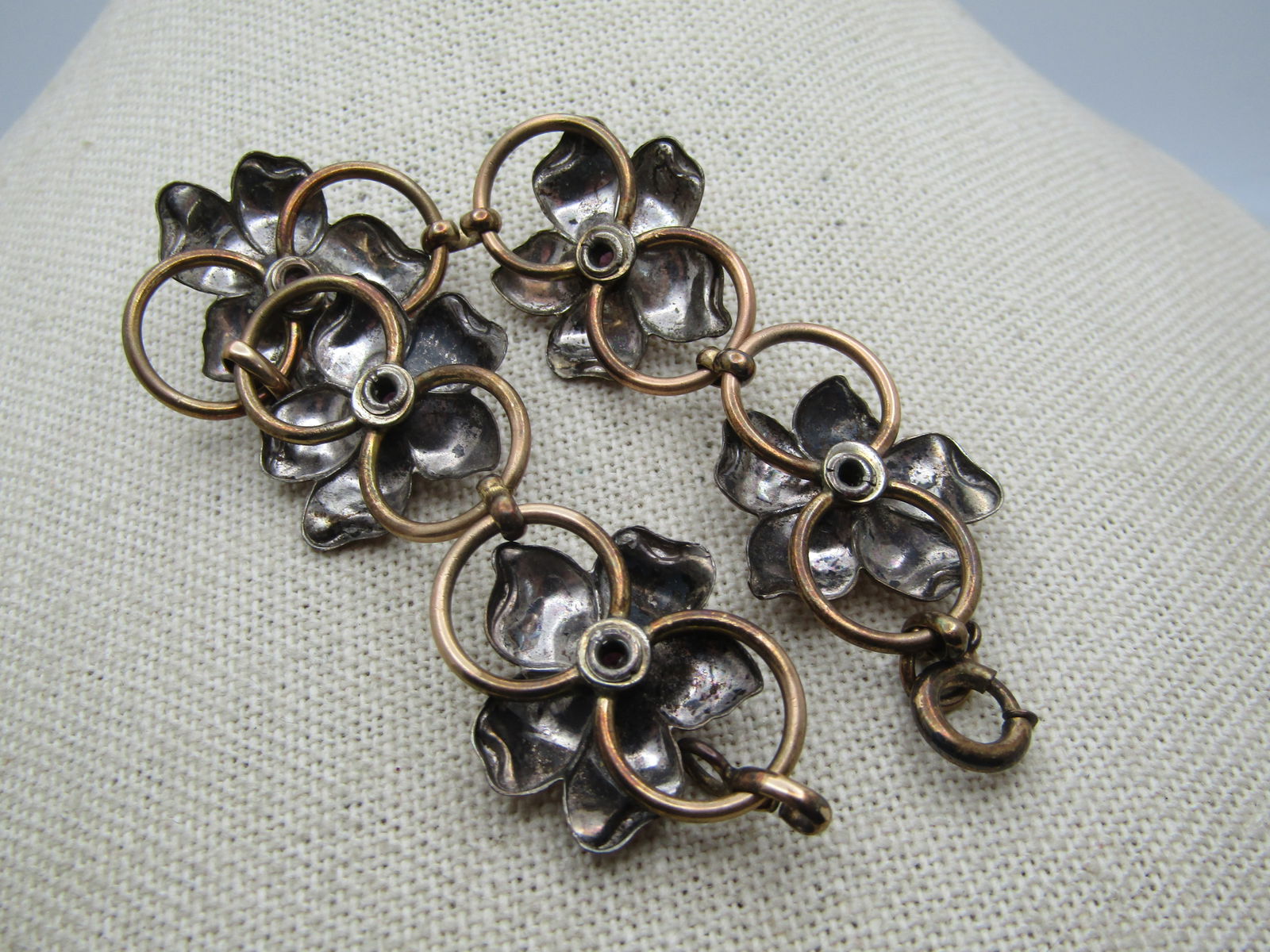Vintage Sterling Vermeil Floral Link Bracelet, 6.75", 1940's, Purple Stones - 4