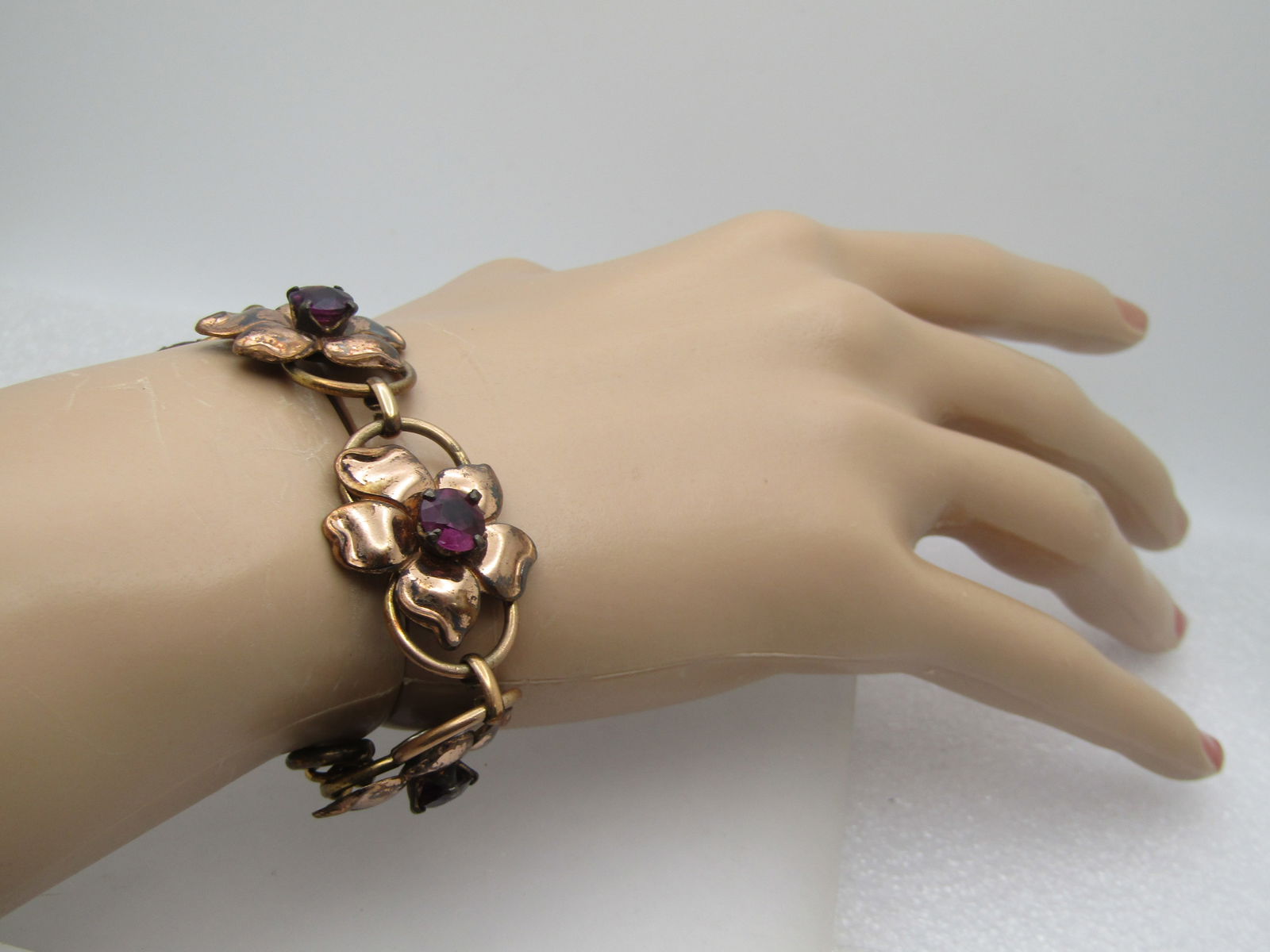 Vintage Sterling Vermeil Floral Link Bracelet, 6.75", 1940's, Purple Stones - 5