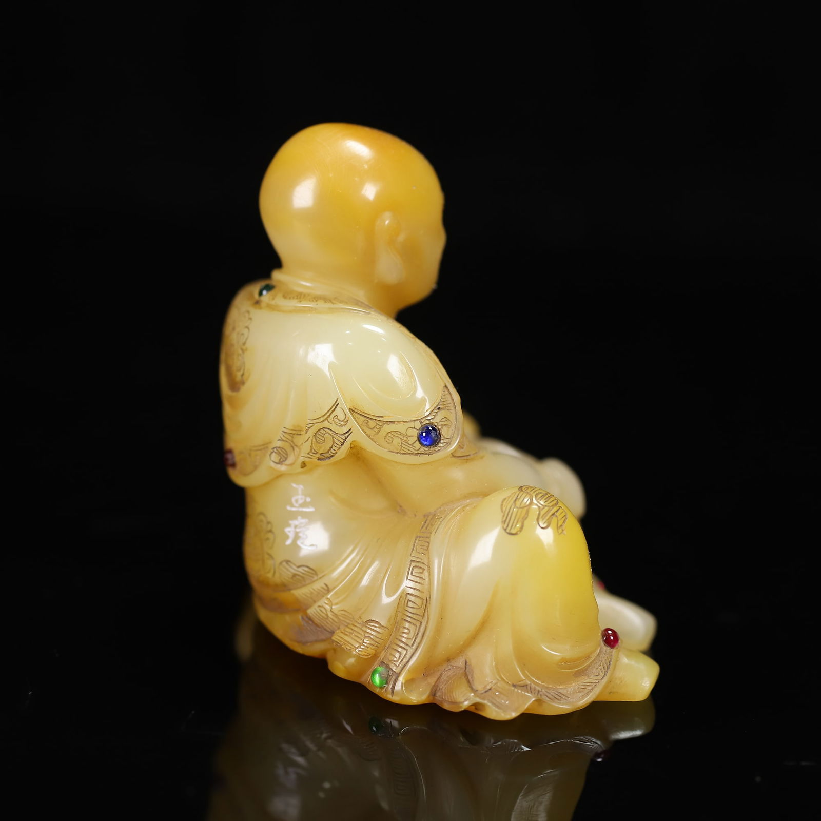 Old Chinese Shoushan Stone Inlay Gem Arhat Statue w Box - 10