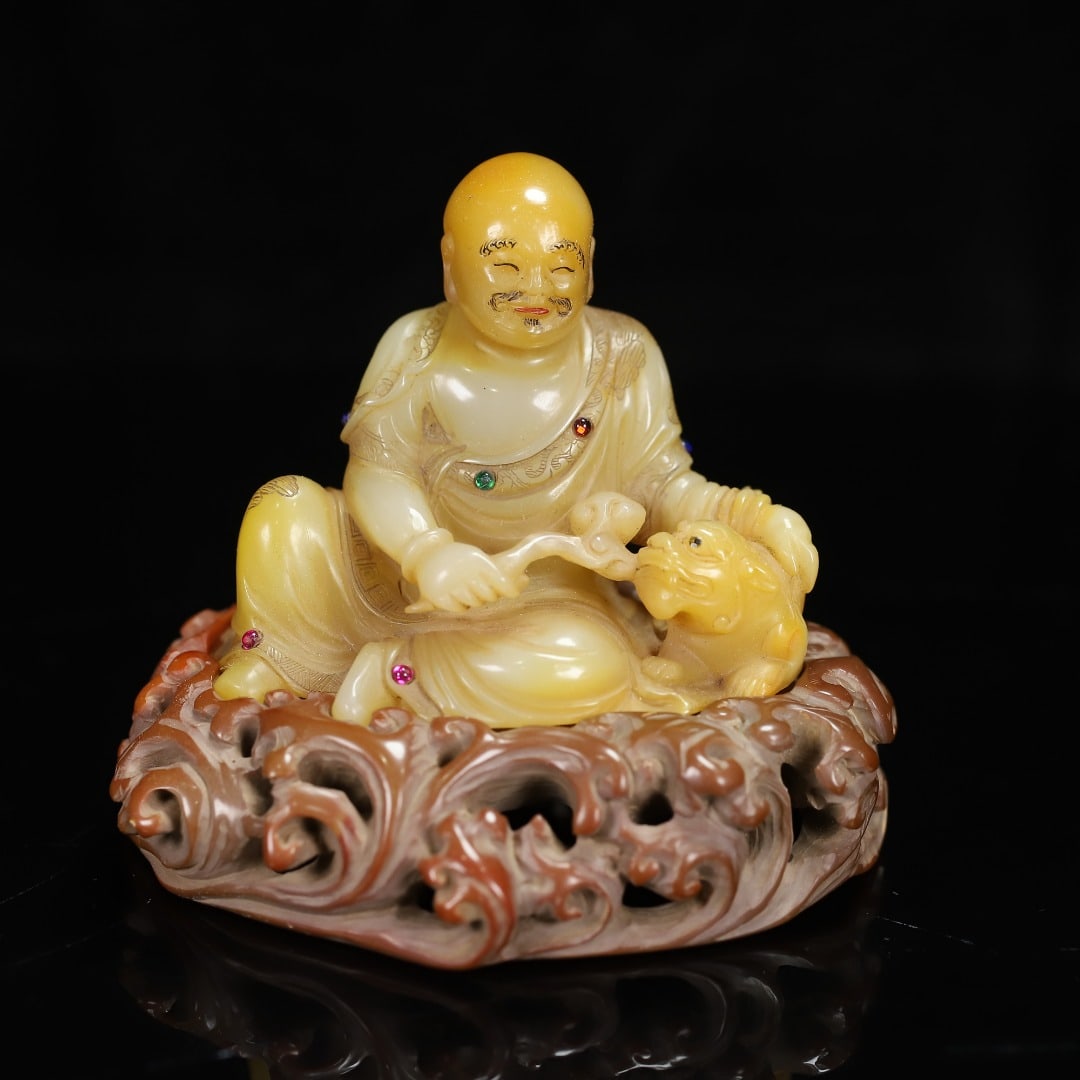 Old Chinese Shoushan Stone Inlay Gem Arhat Statue w Box (1 of 11)