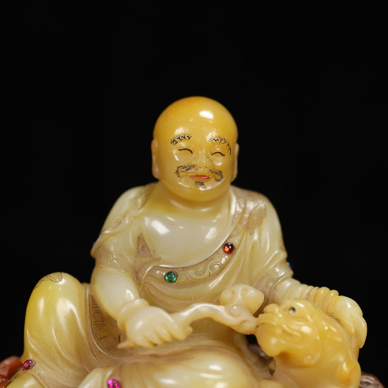 Old Chinese Shoushan Stone Inlay Gem Arhat Statue w Box - 2