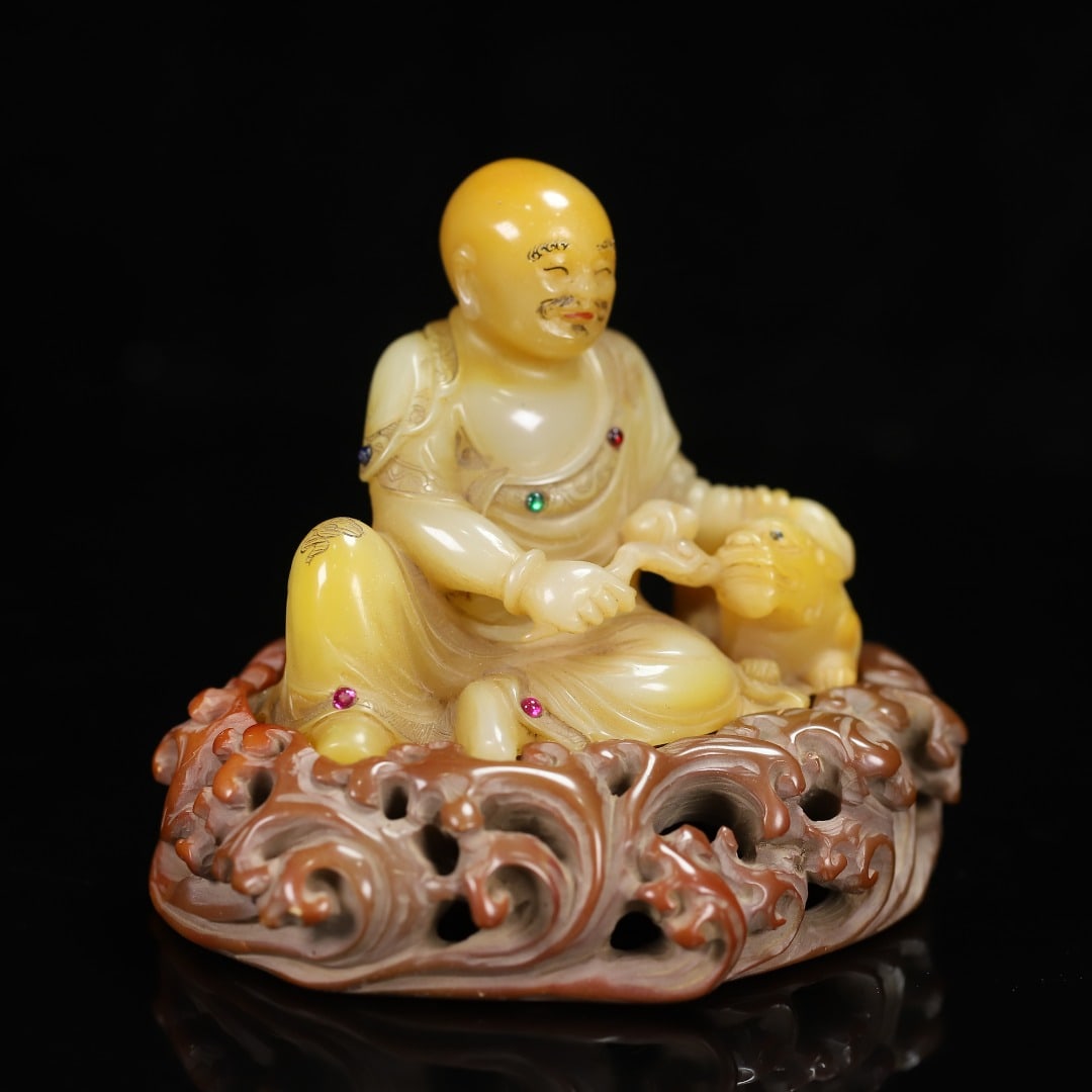 Old Chinese Shoushan Stone Inlay Gem Arhat Statue w Box - 5