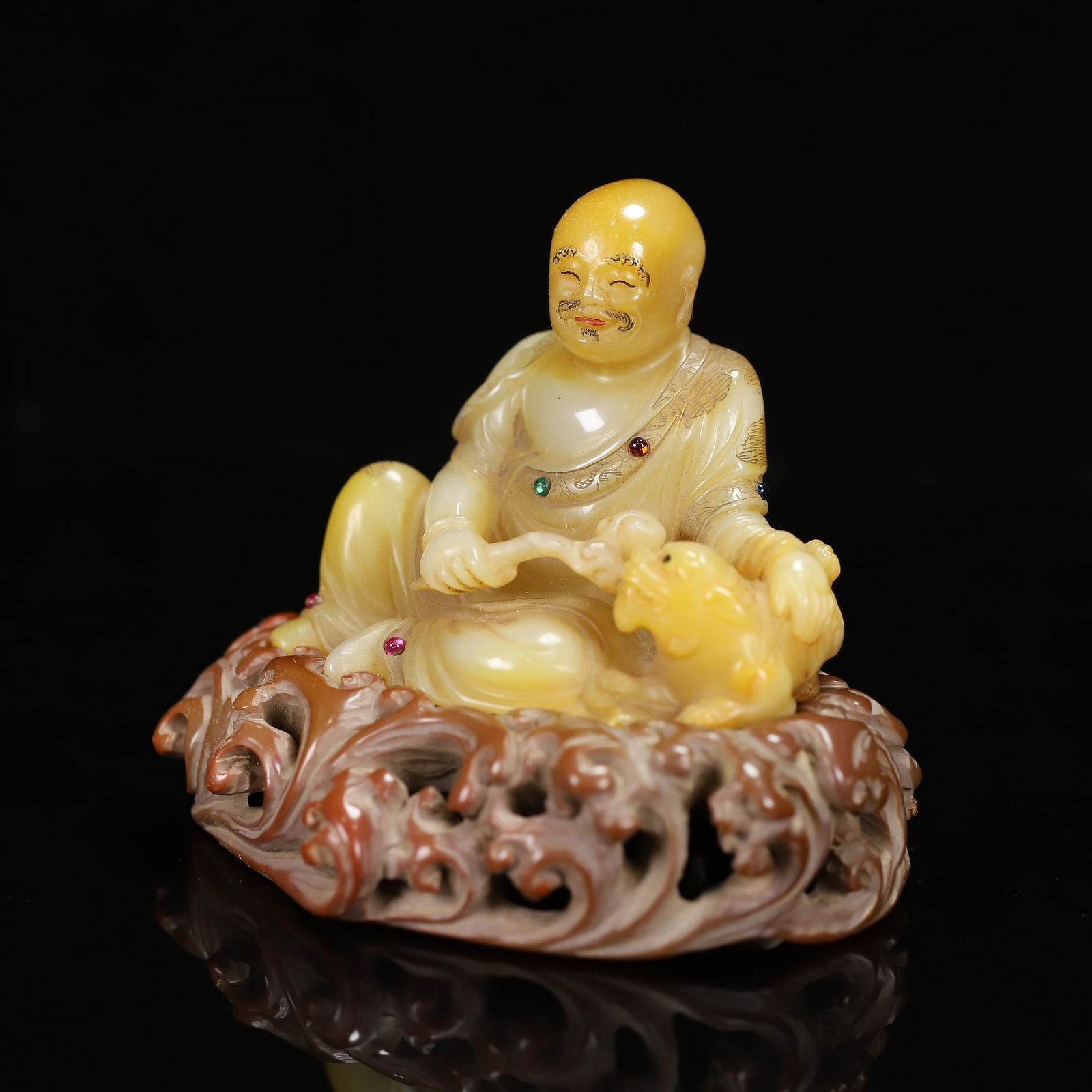 Old Chinese Shoushan Stone Inlay Gem Arhat Statue w Box - 6