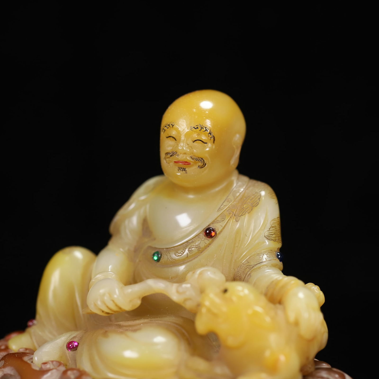 Old Chinese Shoushan Stone Inlay Gem Arhat Statue w Box - 7