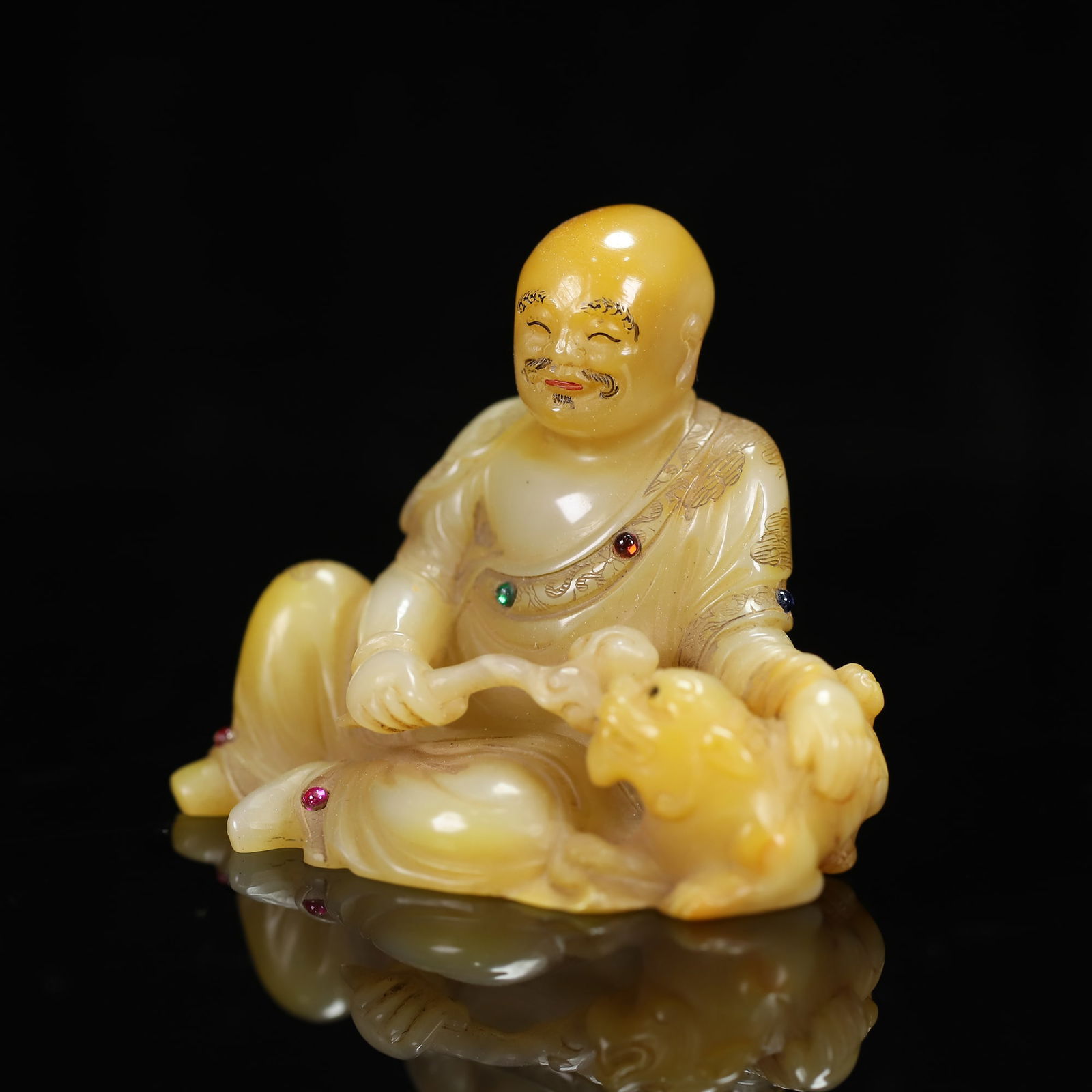 Old Chinese Shoushan Stone Inlay Gem Arhat Statue w Box - 8