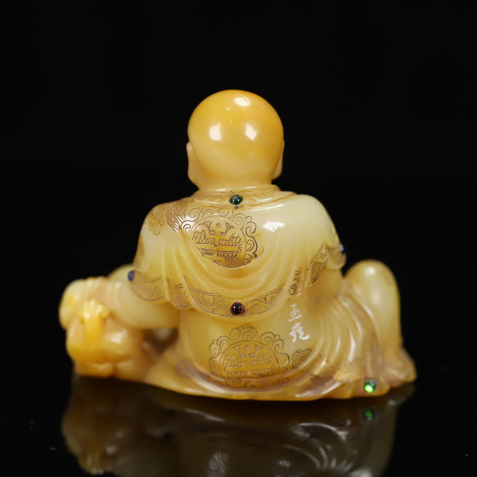 Old Chinese Shoushan Stone Inlay Gem Arhat Statue w Box - 9