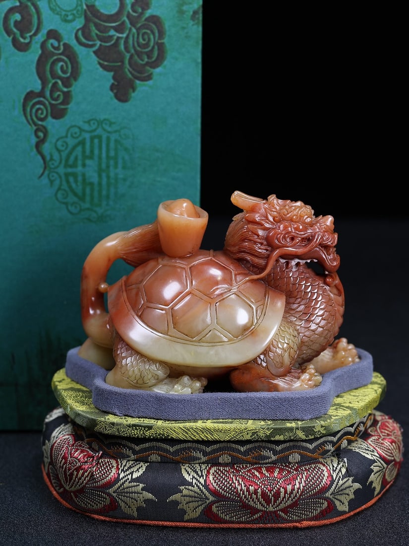 Hand Carved Chinese Shoushan Stone Dragon Turtle Statue w Box - 10