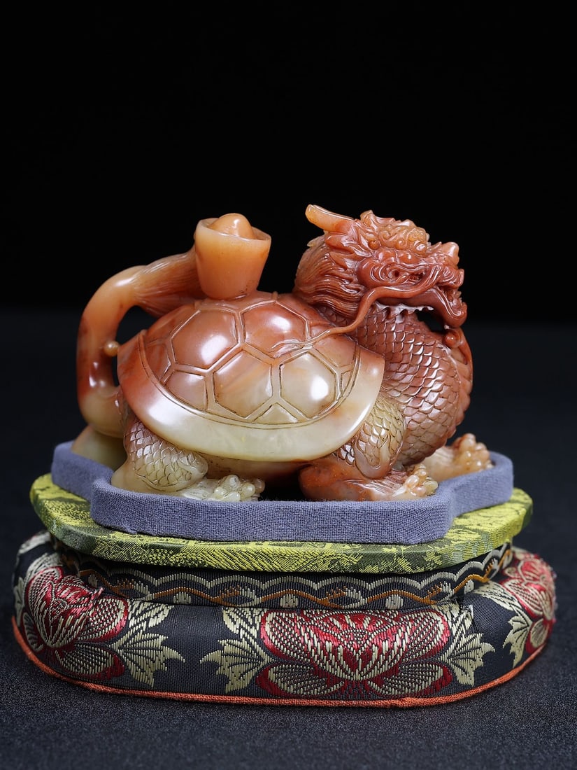 Hand Carved Chinese Shoushan Stone Dragon Turtle Statue w Box (1 of 10)