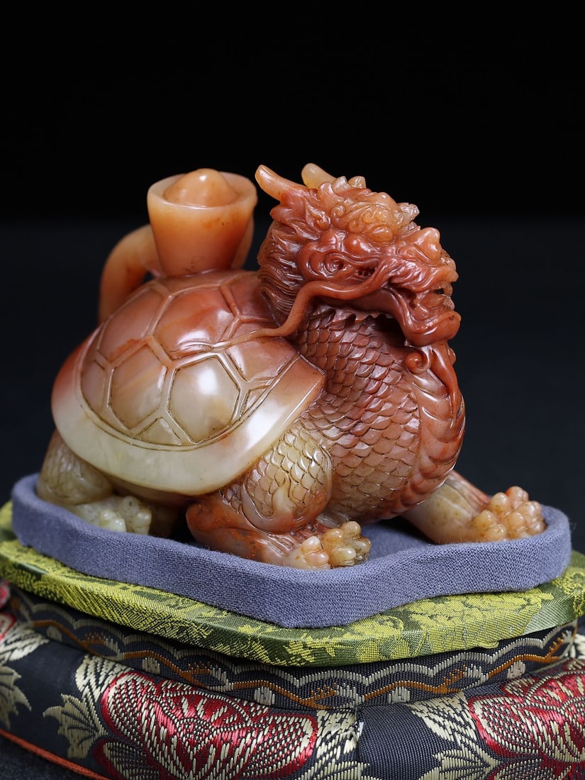 Hand Carved Chinese Shoushan Stone Dragon Turtle Statue w Box - 2