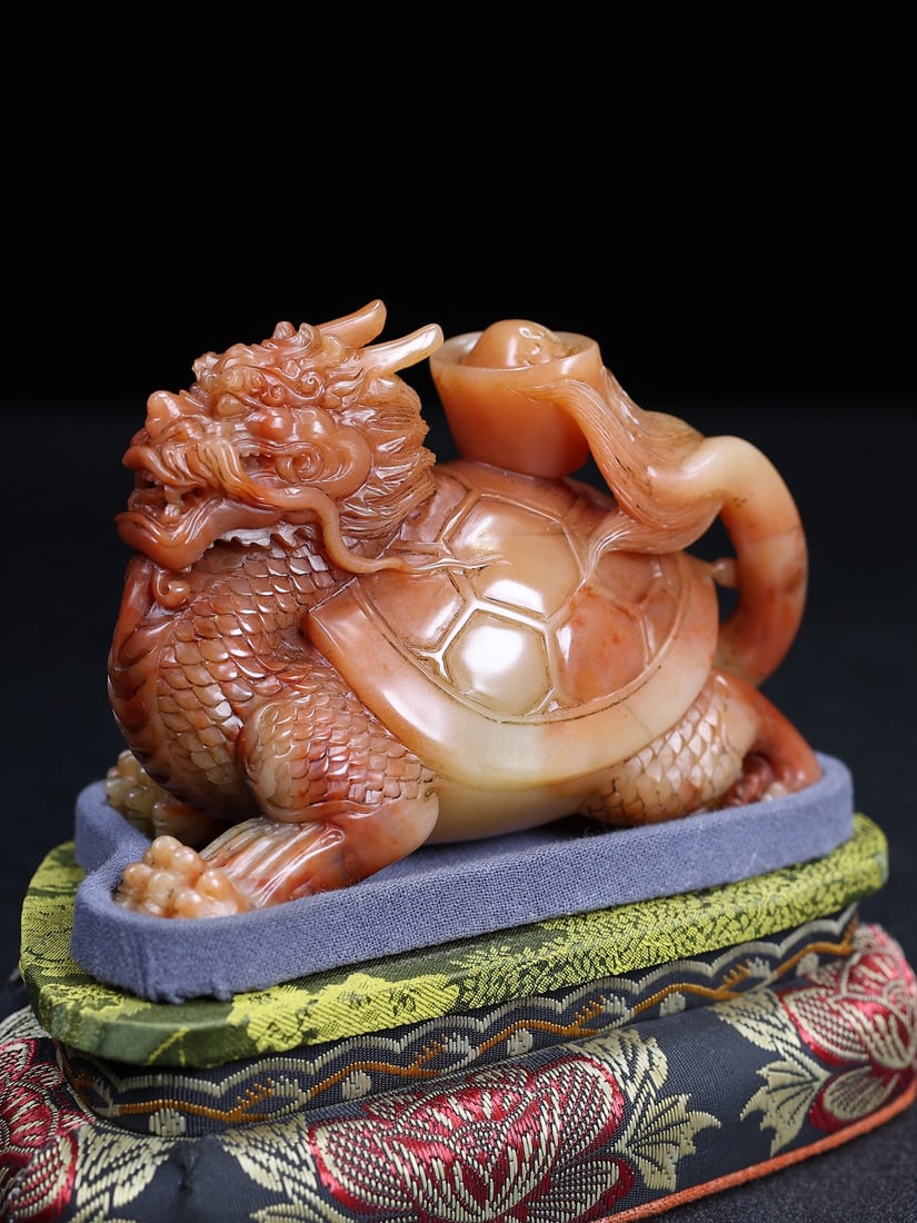Hand Carved Chinese Shoushan Stone Dragon Turtle Statue w Box - 3