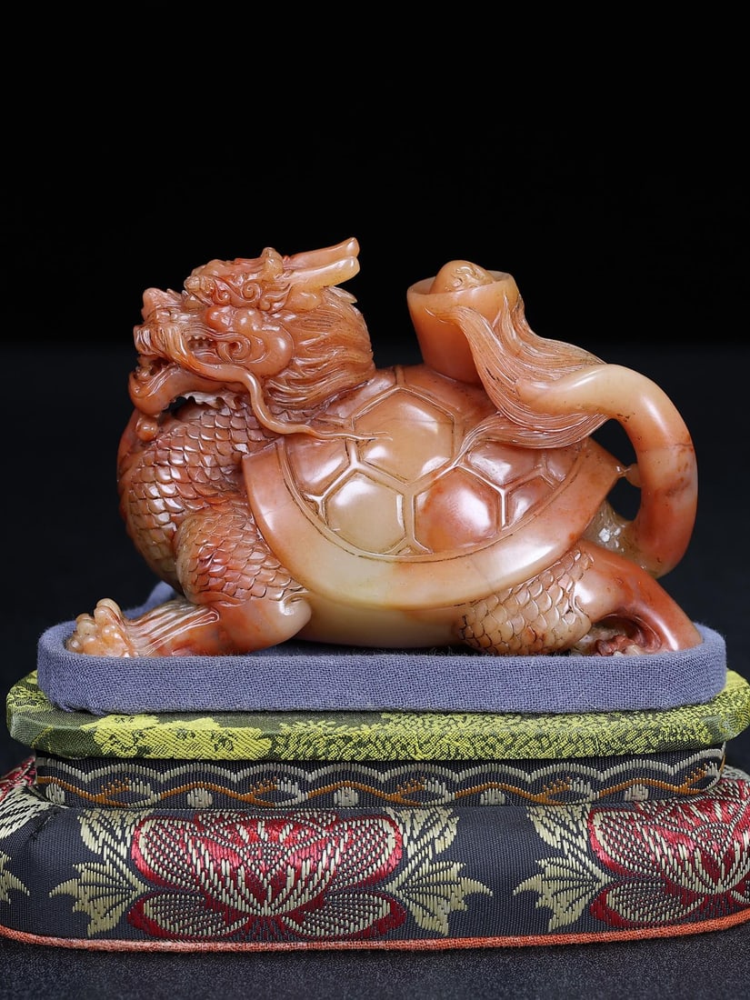 Hand Carved Chinese Shoushan Stone Dragon Turtle Statue w Box - 4