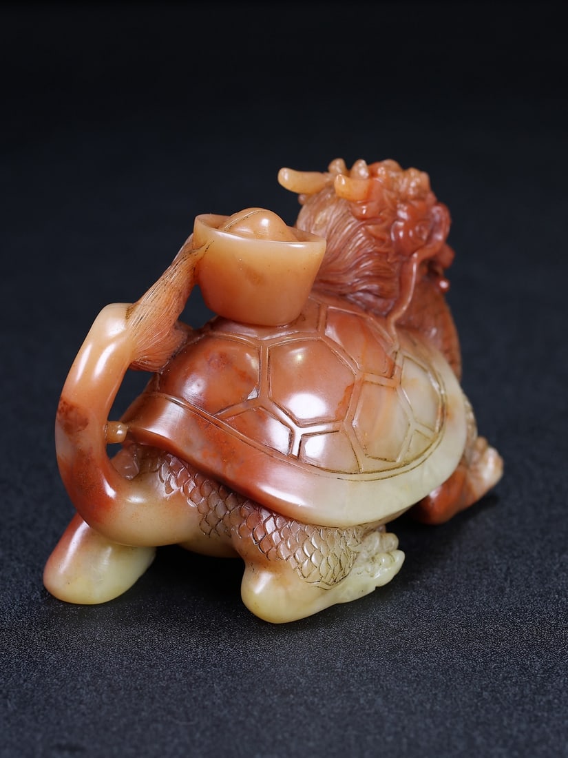 Hand Carved Chinese Shoushan Stone Dragon Turtle Statue w Box - 5