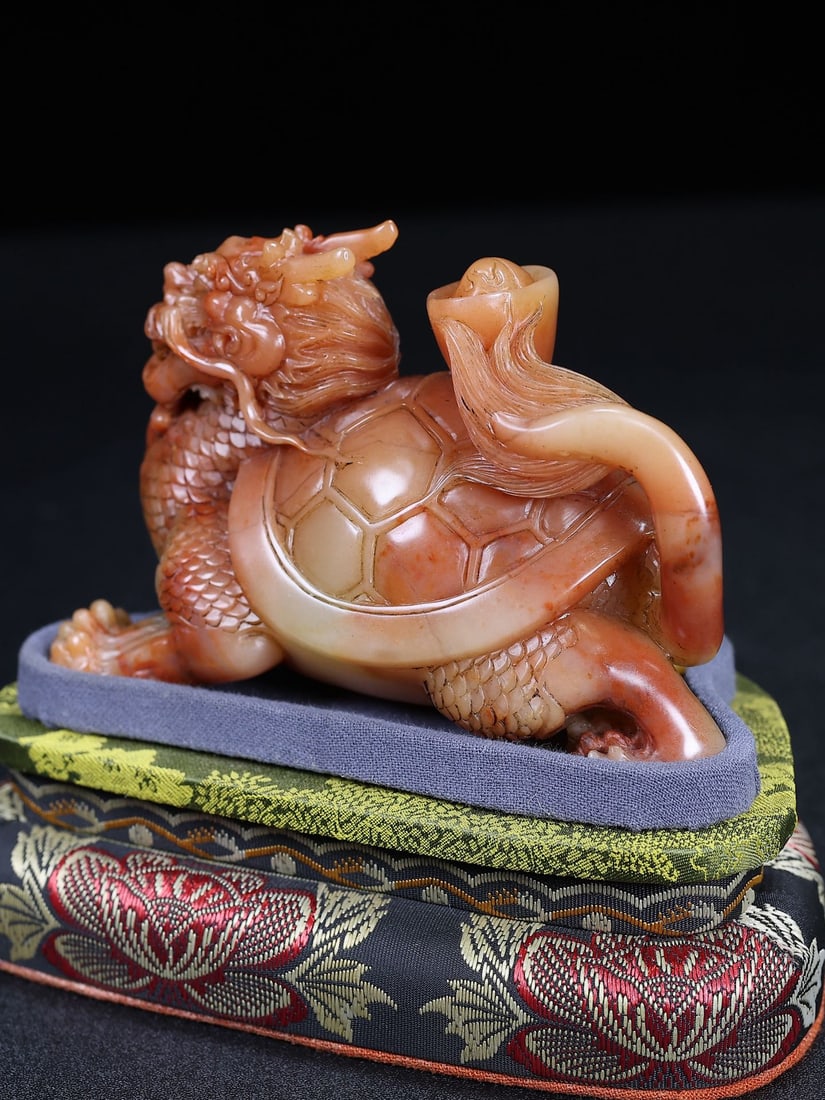 Hand Carved Chinese Shoushan Stone Dragon Turtle Statue w Box - 6