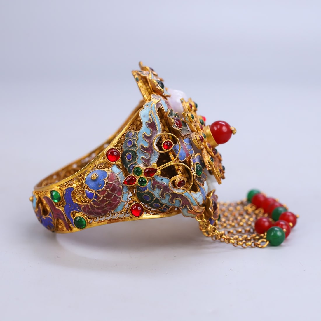 Excellent Chinese Gold Wires Enamel Inlay Gem & Jadeite Lotus Bracelet - 10
