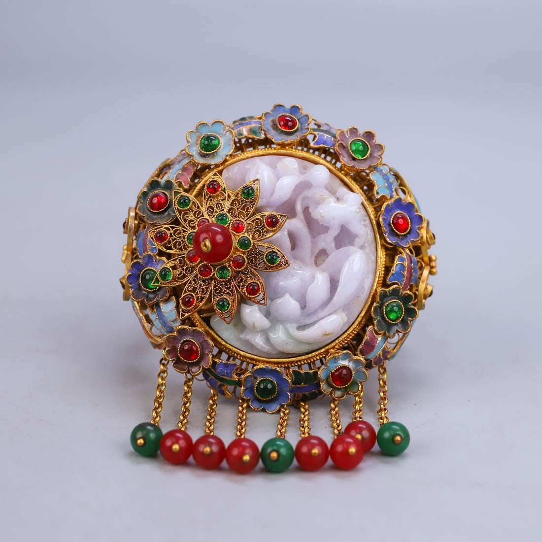 Excellent Chinese Gold Wires Enamel Inlay Gem & Jadeite Lotus Bracelet (1 of 10)