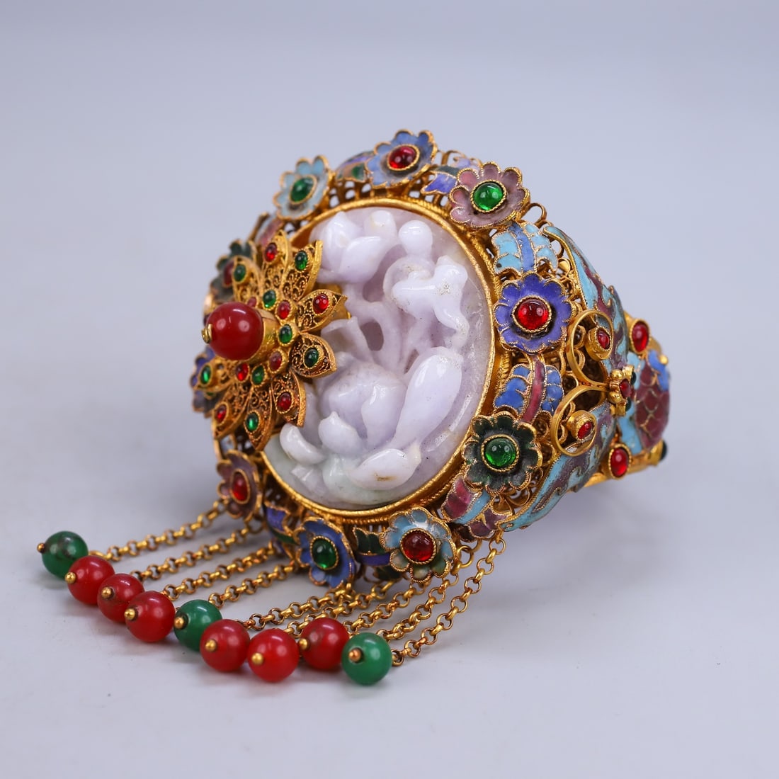 Excellent Chinese Gold Wires Enamel Inlay Gem & Jadeite Lotus Bracelet - 2
