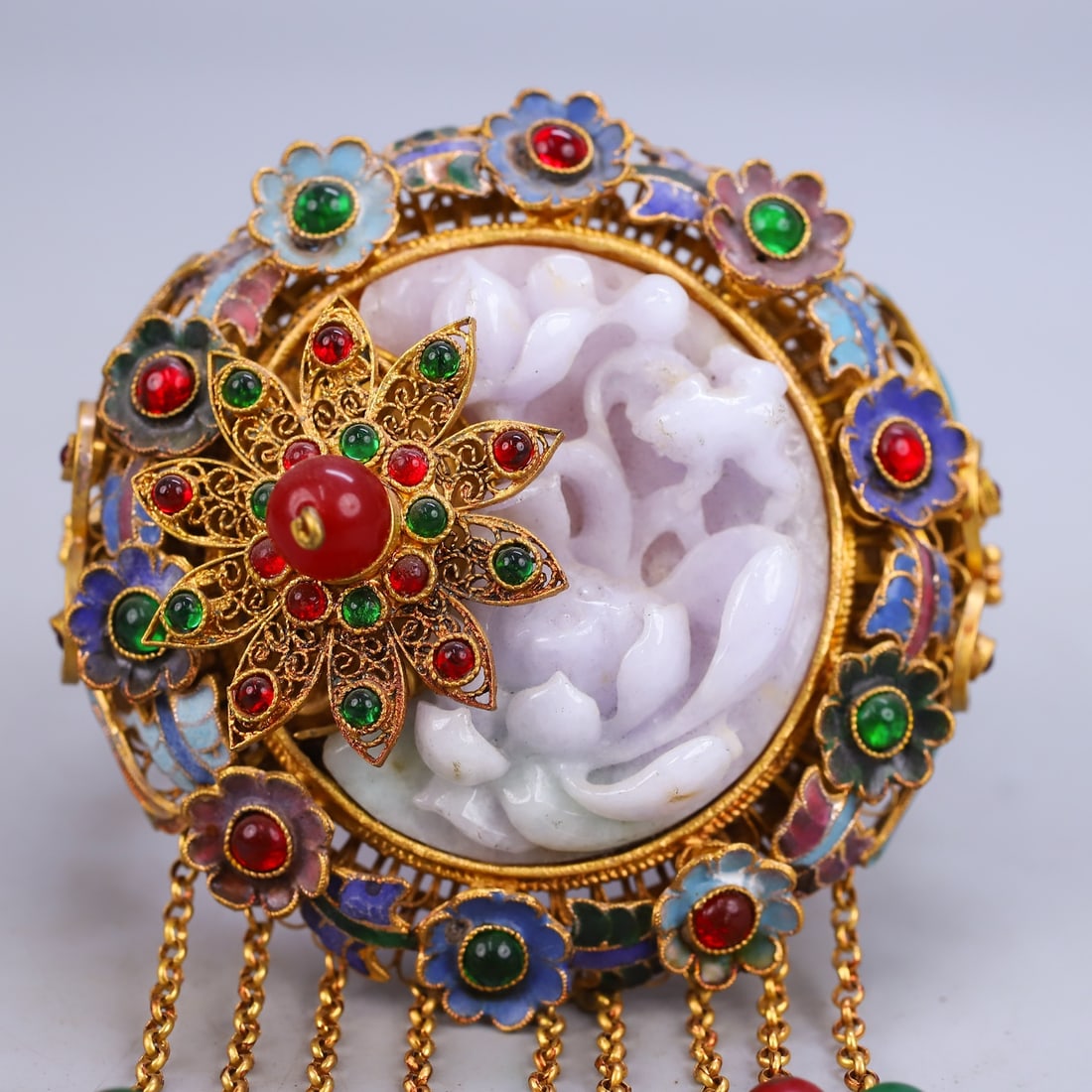 Excellent Chinese Gold Wires Enamel Inlay Gem & Jadeite Lotus Bracelet - 3