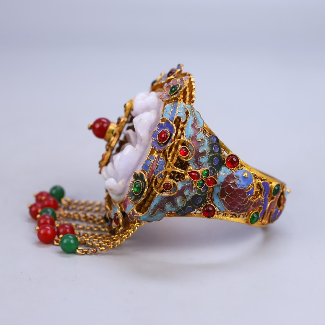 Excellent Chinese Gold Wires Enamel Inlay Gem & Jadeite Lotus Bracelet - 4