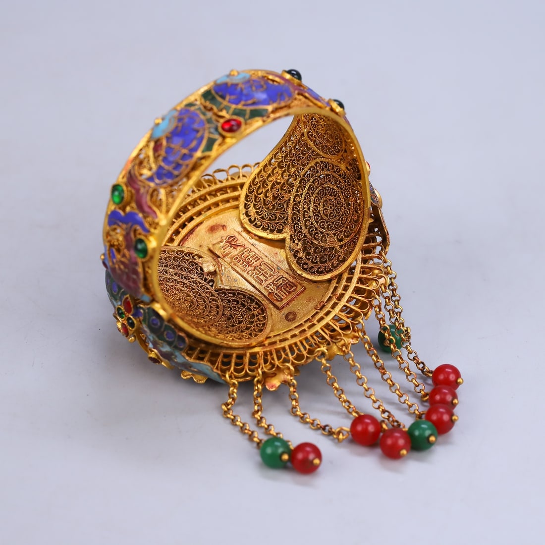 Excellent Chinese Gold Wires Enamel Inlay Gem & Jadeite Lotus Bracelet - 5