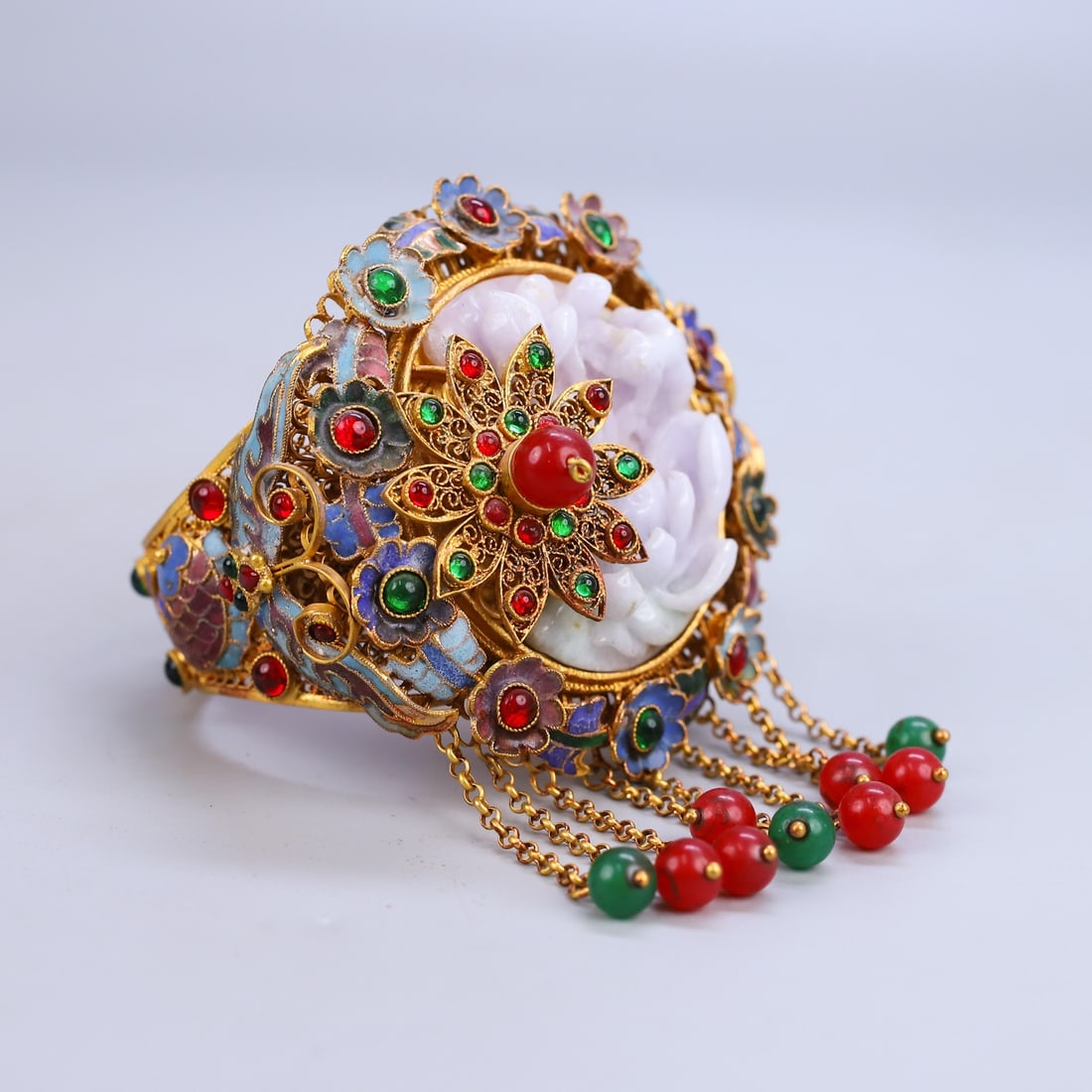 Excellent Chinese Gold Wires Enamel Inlay Gem & Jadeite Lotus Bracelet - 6