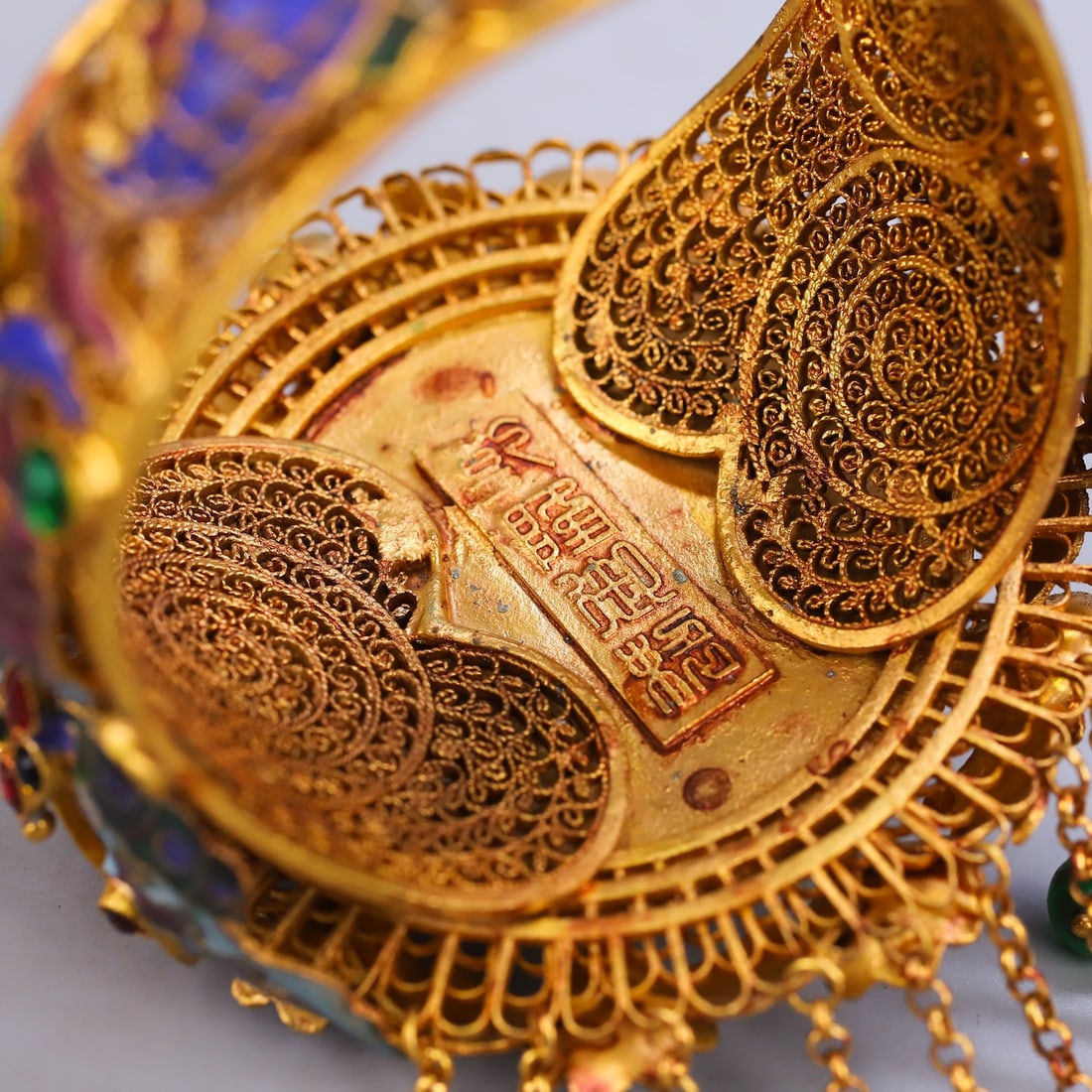 Excellent Chinese Gold Wires Enamel Inlay Gem & Jadeite Lotus Bracelet - 7