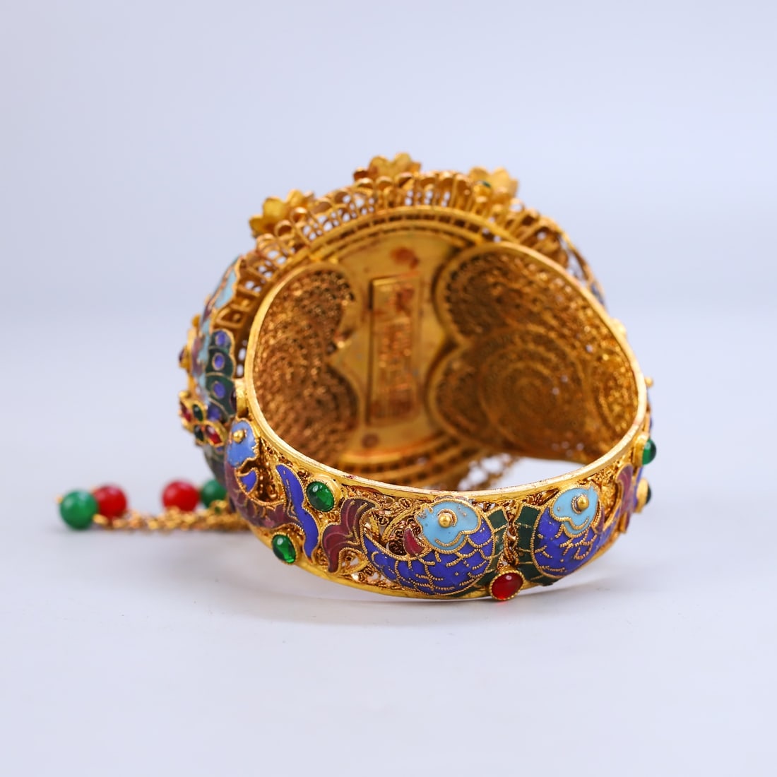 Excellent Chinese Gold Wires Enamel Inlay Gem & Jadeite Lotus Bracelet - 8